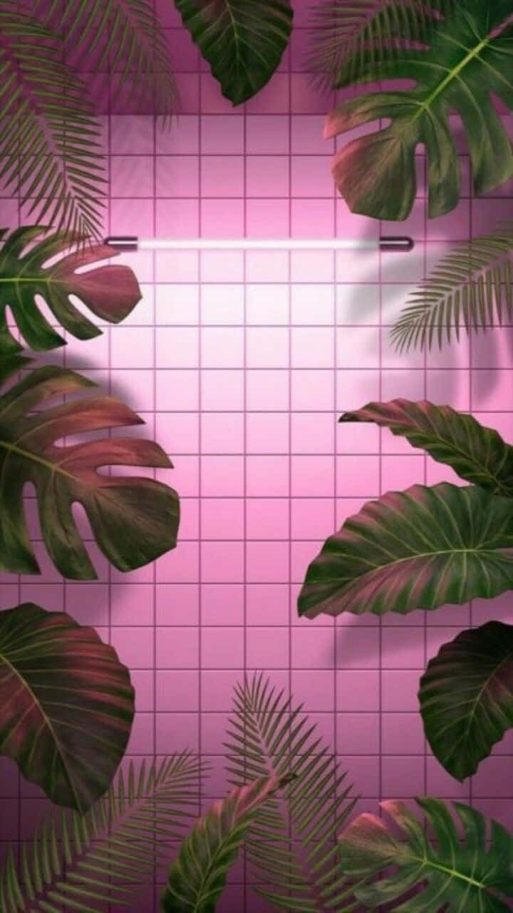 桌布 壁紙 — 熱帶葉子框住一個發光的霓虹燈管，背景是粉紅色網格牆，營造出充滿活力的復古未來主義場景。