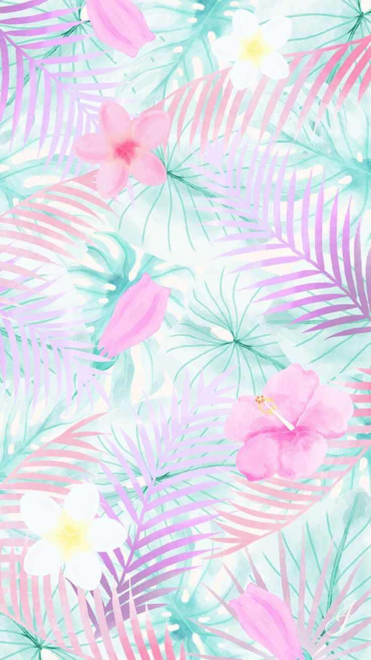Trendy Summer iPhone 桌布 壁紙 — 熱帶葉片和粉紅花朵在淺色背景上以柔和粉彩色調盛開。
