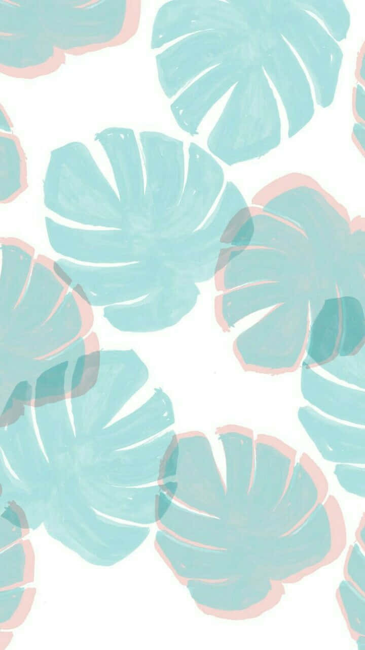 Pink And Teal 桌布 壁紙 — 熱帶龜背竹葉以柔和青綠色和珊瑚色顏料筆觸漂浮在潔白背景上。