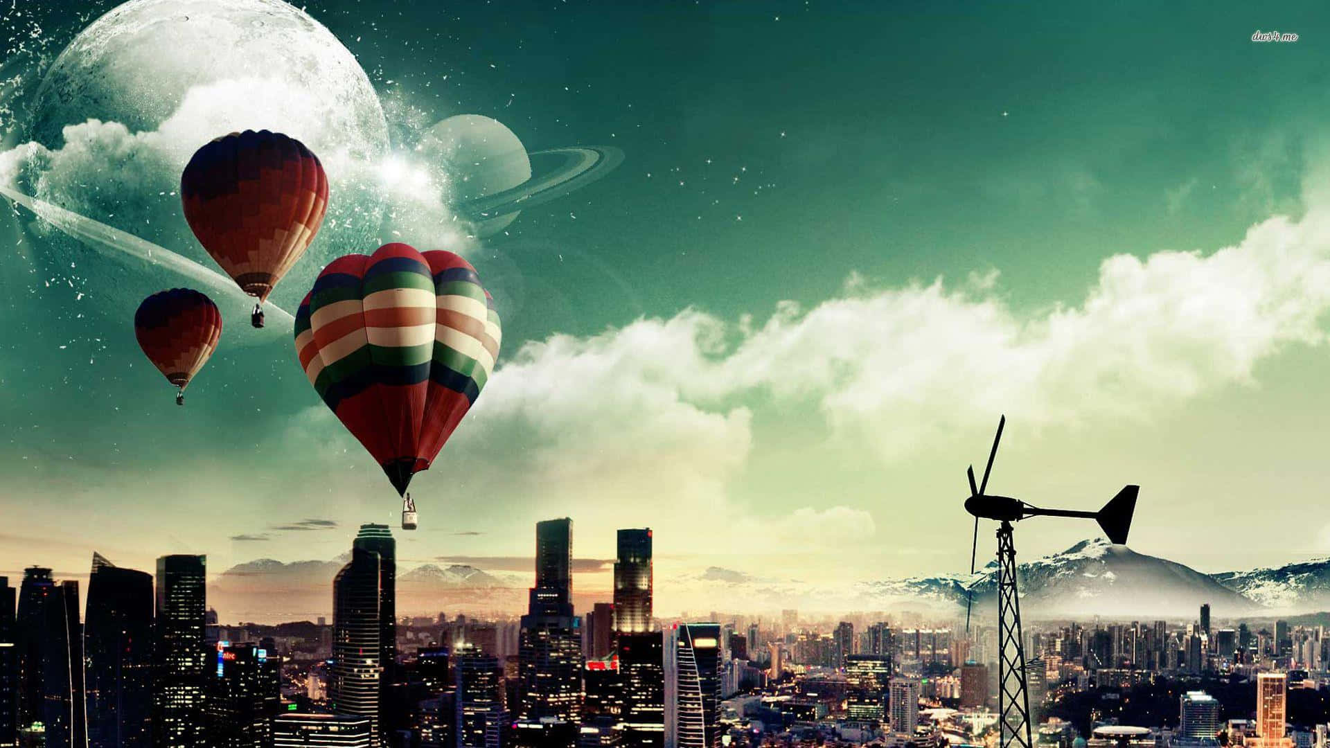 Hot Air Balloon 桌布 壁紙 — 熱氣球在一個有行星和雲的超現實天空下，飄浮在未來城市天際線之上。