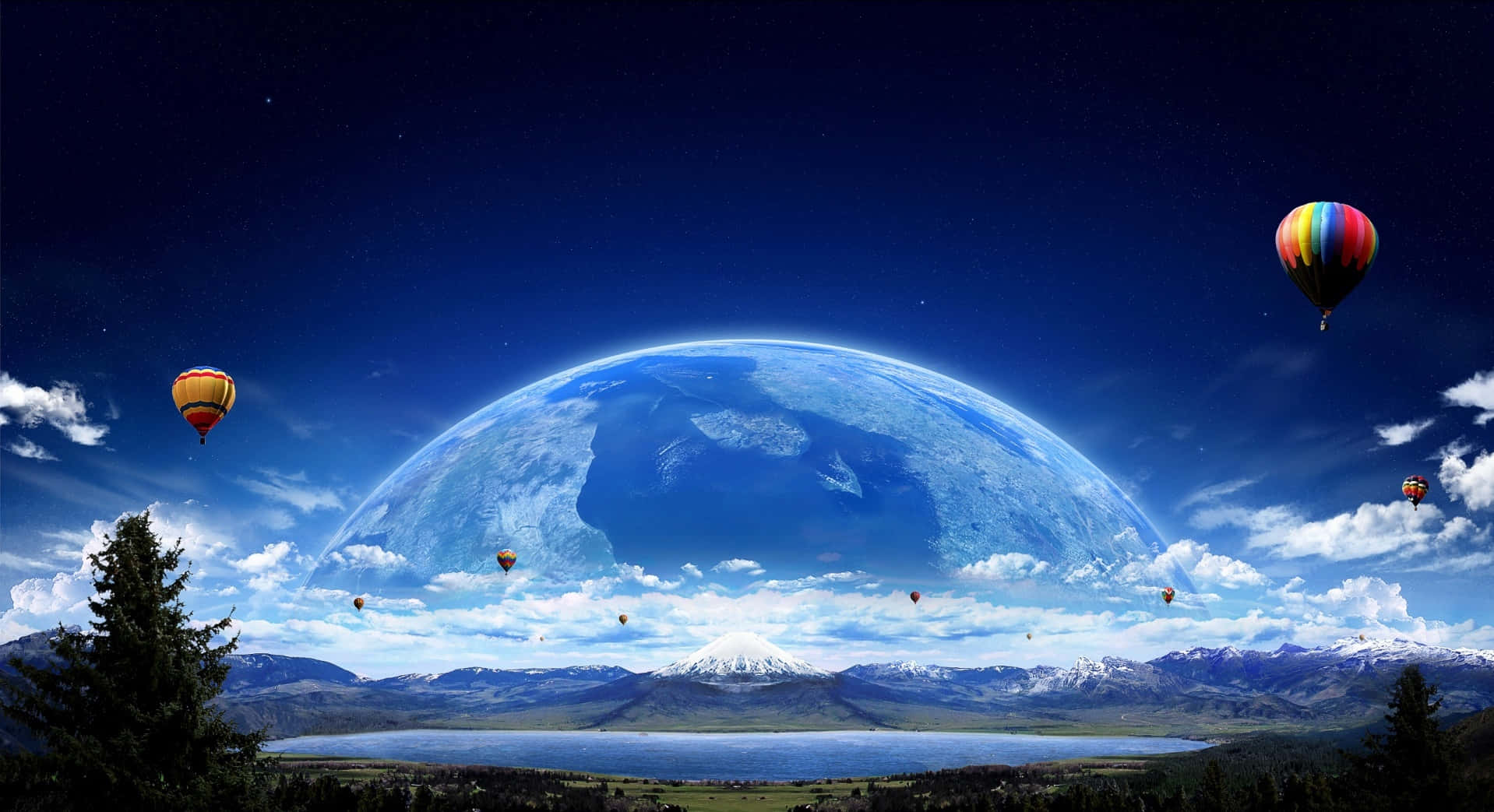 熱氣球在巨大的藍色星球下的山間湖泊上空飄浮。 — Windows 10 GIF 壁紙