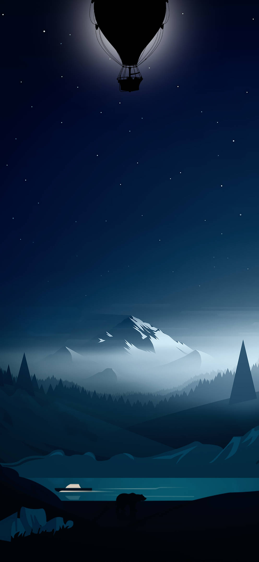山景 桌布 壁紙 — 熱氣球在星空下漂浮在霧氣瀰漫的山間湖泊上方，有一隻孤獨的熊剪影。