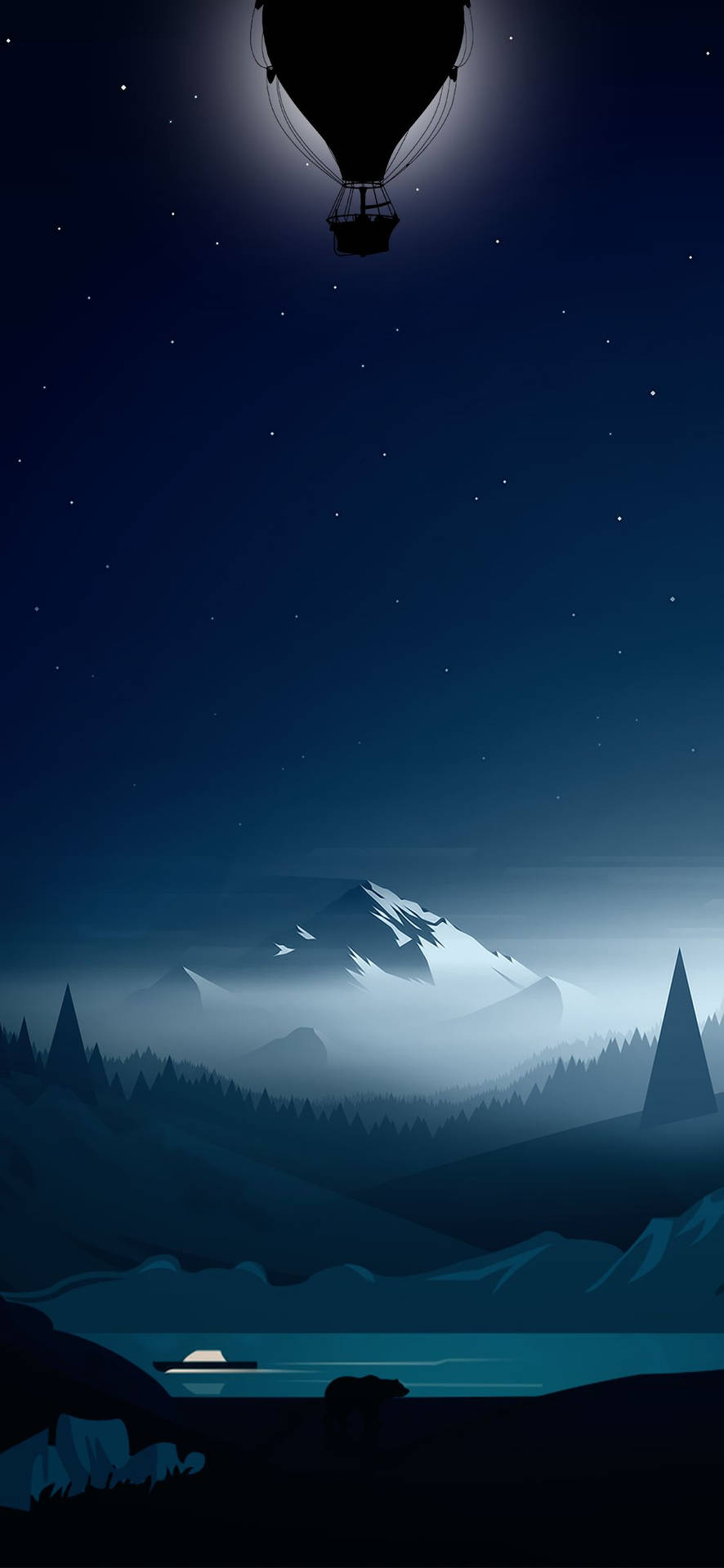 夜晚山湖上的熱氣球，伴有星星和熊的剪影 — 深藍色 GIF 壁紙