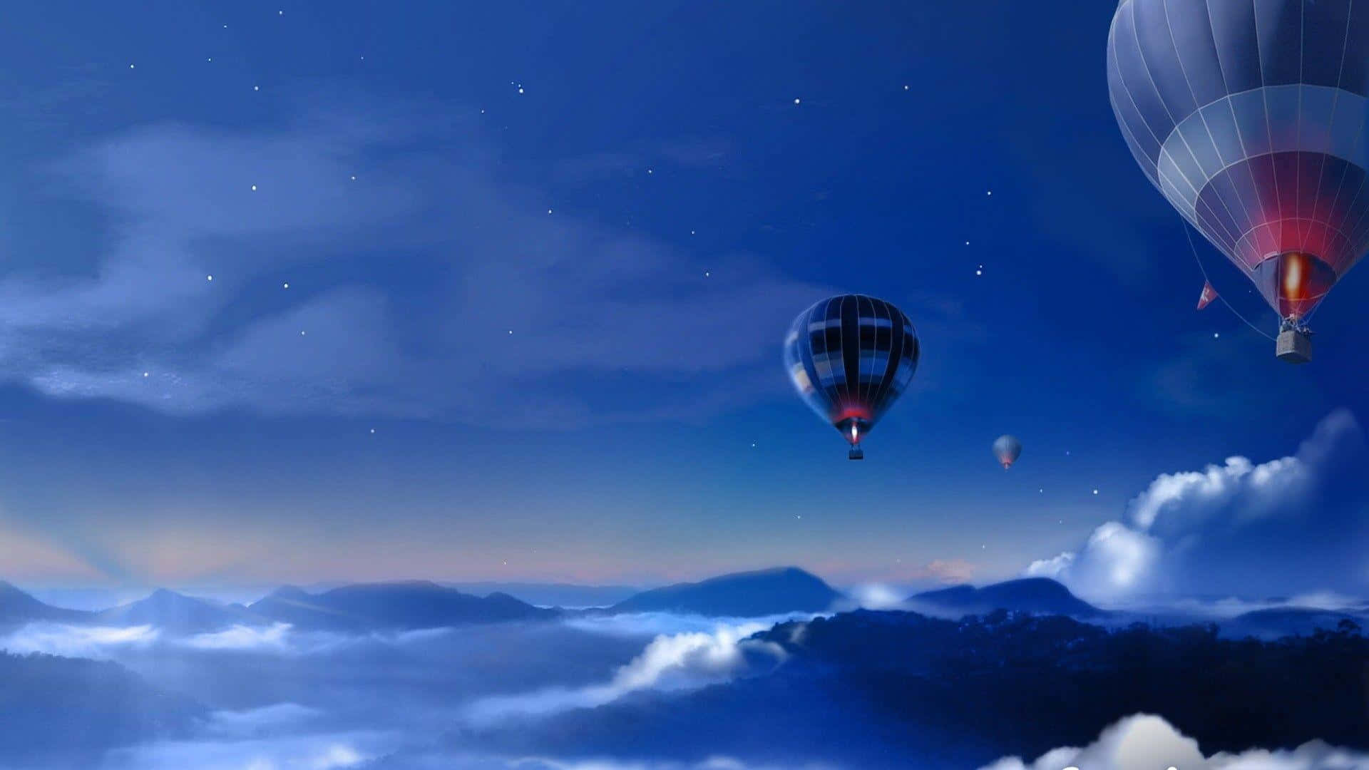 熱氣球 桌布 壁紙 — 熱氣球在星空的暮色天空下，飄浮在霧氣籠罩的山巒之上，帶有柔和的藍色和紫色色調。
