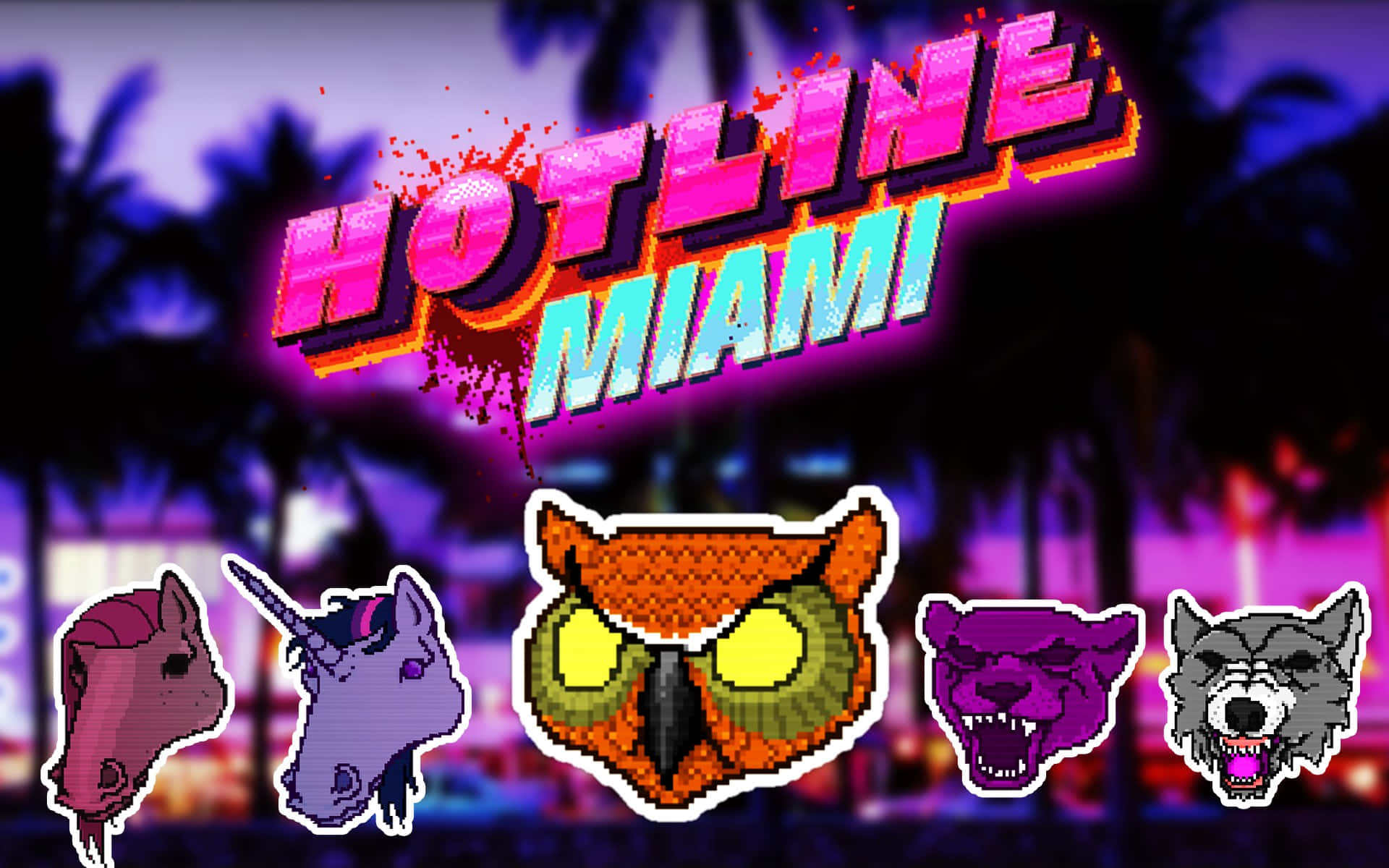 Hotline Miami 桌布 壁紙 — 《熱線邁阿密》像素藝術標誌，帶有霓虹燈牌和動物頭像，背景為紫色棕櫚樹。