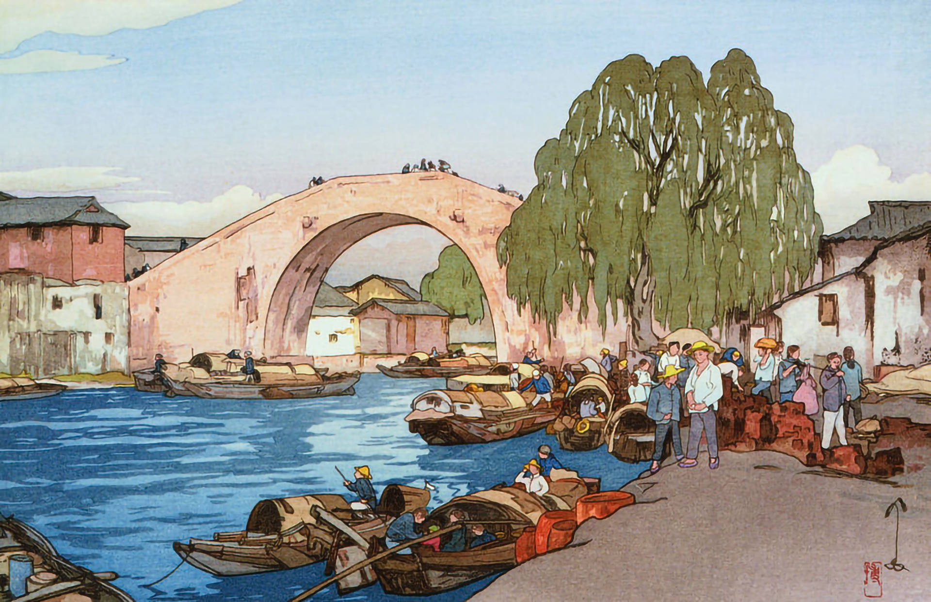 Suzhou 桌布 壁紙 — 熱鬧的河景，有一座大型石拱橋、木船，人們聚集在垂柳下。