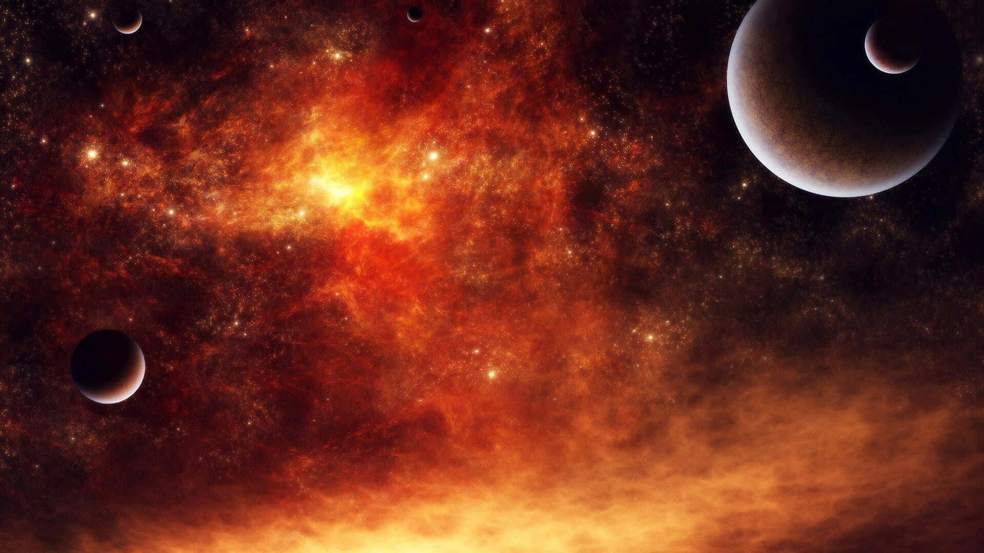 紅色動圖 桌布 壁紙 — 熾熱星雲散發出橙色和紅色的光芒，行星在繁星點點的宇宙中飄移。