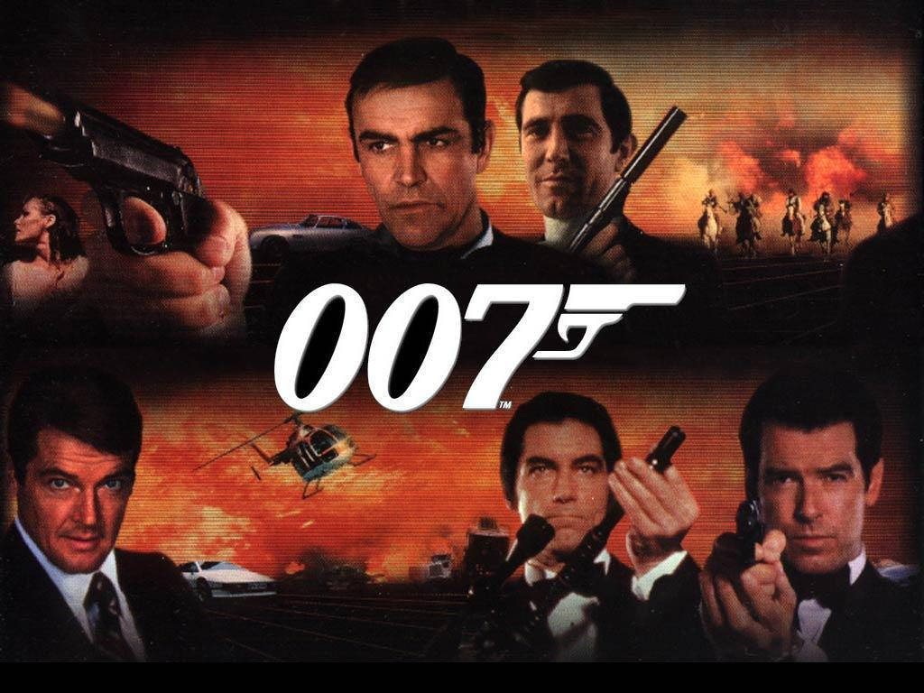 Bond 桌布 壁紙 — 熾熱橙色日落背景，呈現標誌性詹姆斯·龐德演員持槍，直升機和汽車在行動中。