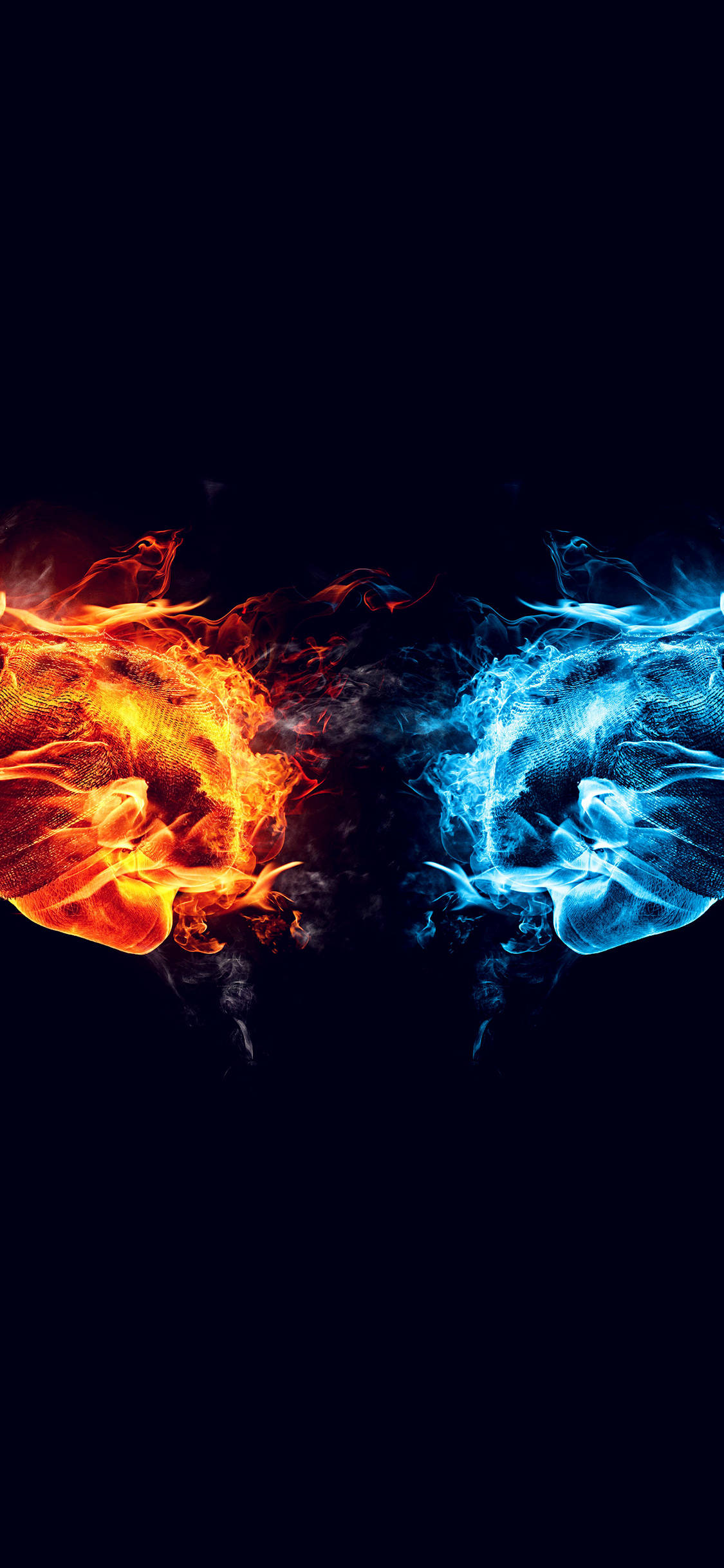 iPhone Fire 桌布 壁紙 — 熾熱橙色與冰冷藍色的元素力量在黑色虛空中戲劇性地碰撞，形成數位藝術作品。