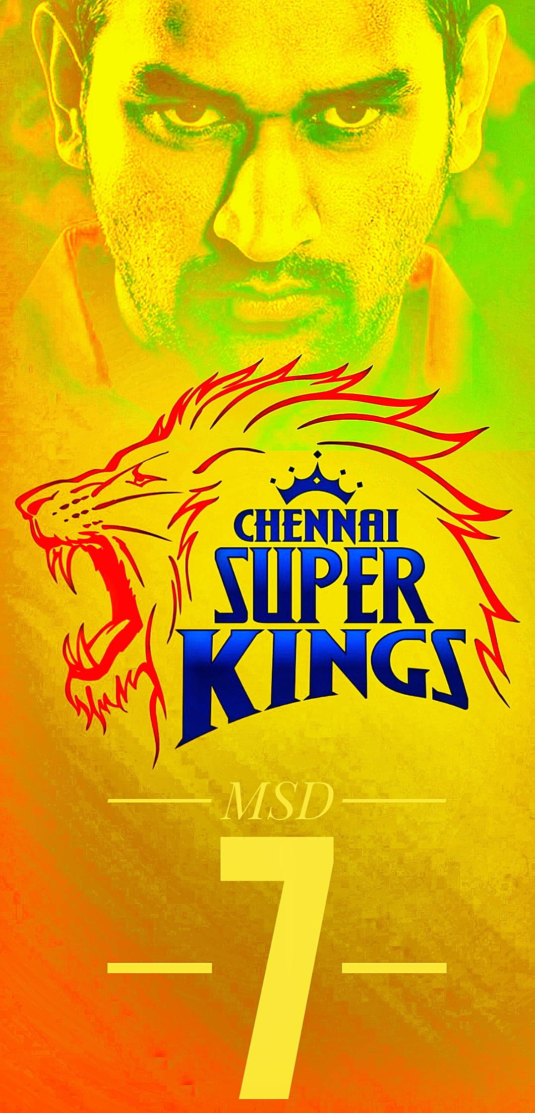 Msd 桌布 壁紙 — 熾熱漸變背景特寫板球手MS Dhoni，下方有清奈超級國王隊標誌及數字7。