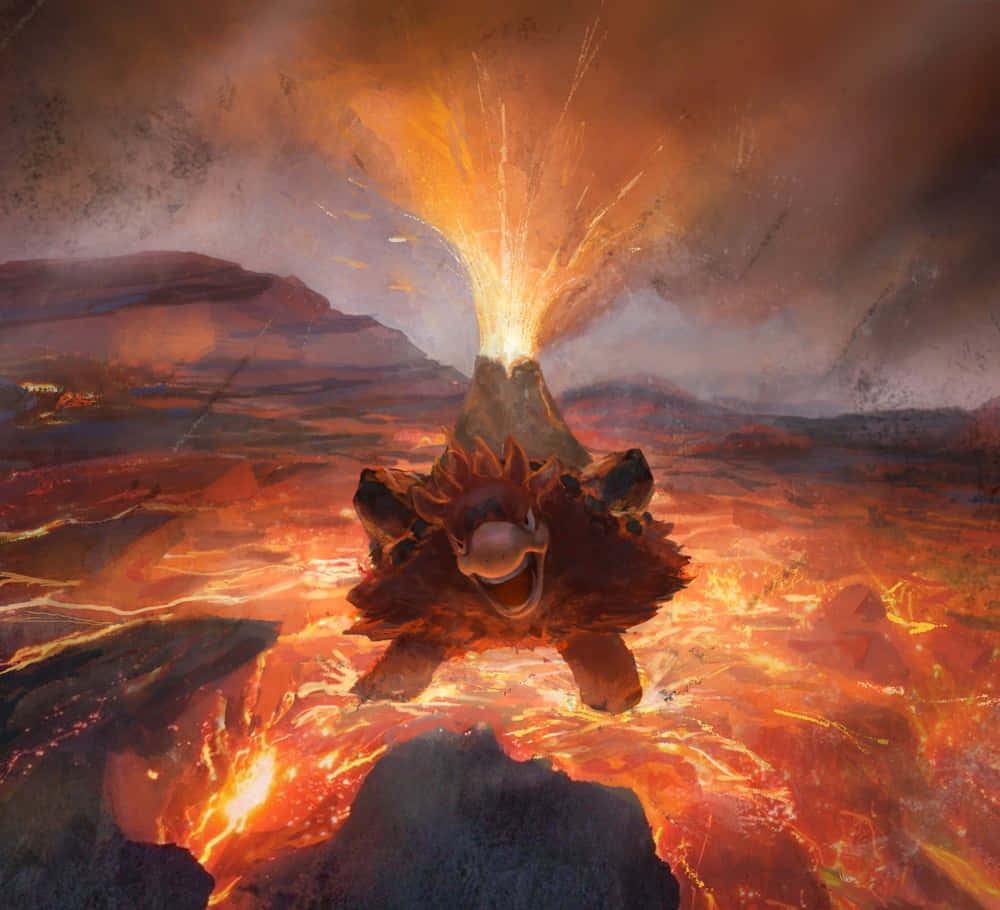 任天堂 桌布 壁紙 — 熾熱火山在熔岩覆蓋的咆哮生物背後爆發，形成熔岩景觀。