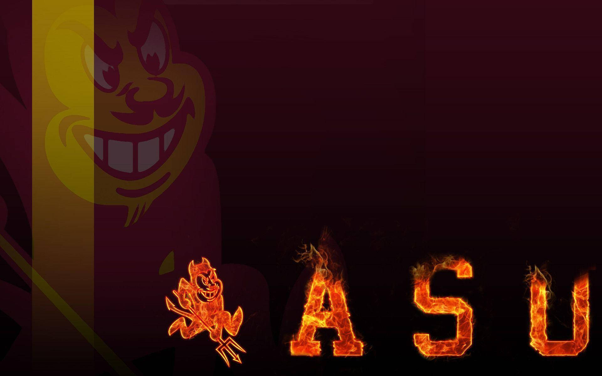  壁紙 — 熾熱的ASU字母和惡魔吉祥物在深栗色背景上發光，帶有黃色點綴。