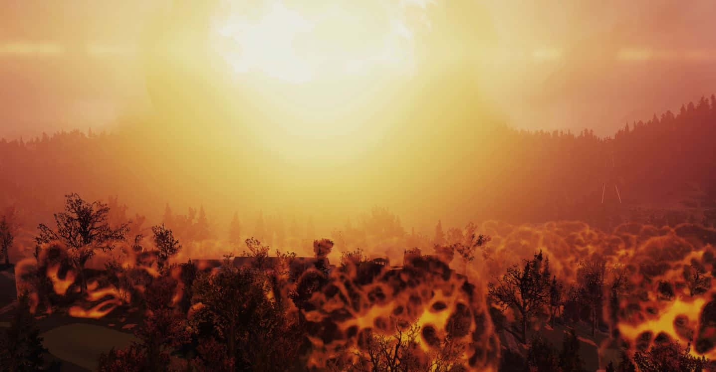 Fallout Nuke 桌布 壁紙 — 熾熱的夕陽以耀眼的橙色和紅色色調沐浴著森林景觀，並帶有強烈的鏡頭光暈。