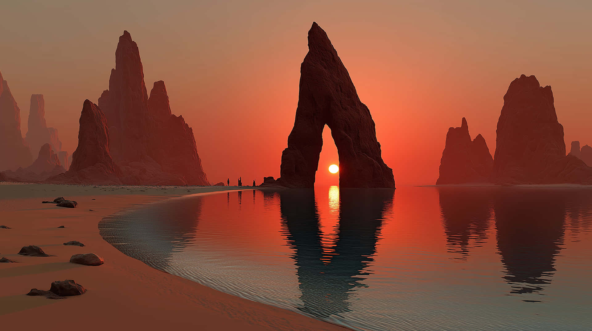 Lone Figure Gazing at Epic Red Sunset Over Mystical Coastal Mountains 壁紙 — 熾熱的夕陽在平靜水面上方的天然石拱門後發光，沙灘沿岸有鋸齒狀岩層。