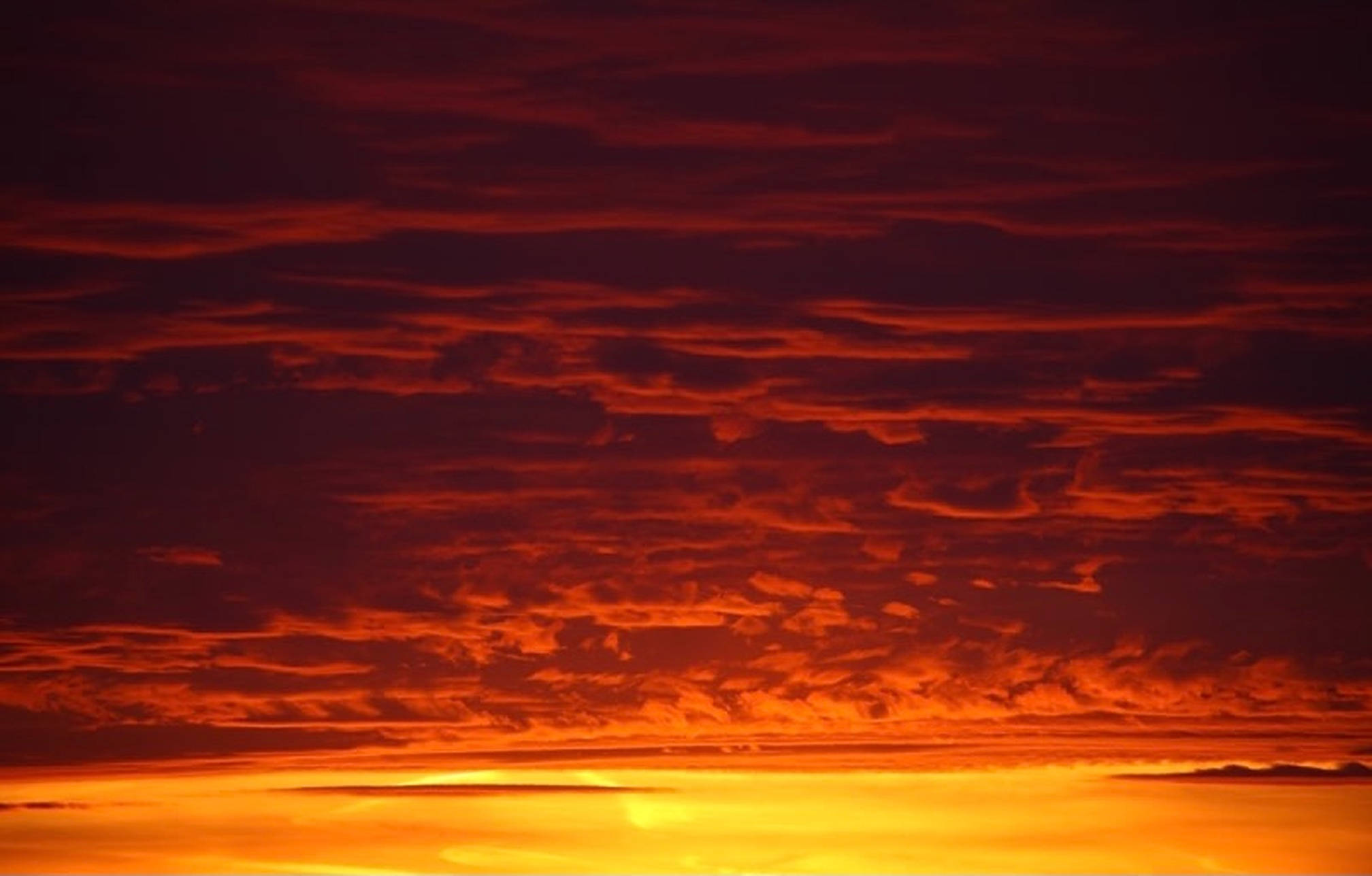 夕陽天空 桌布 壁紙 — 熾熱的夕陽將天空染成鮮豔的紅色和橙色，紋理豐富的雲朵在金色地平線上方發光。