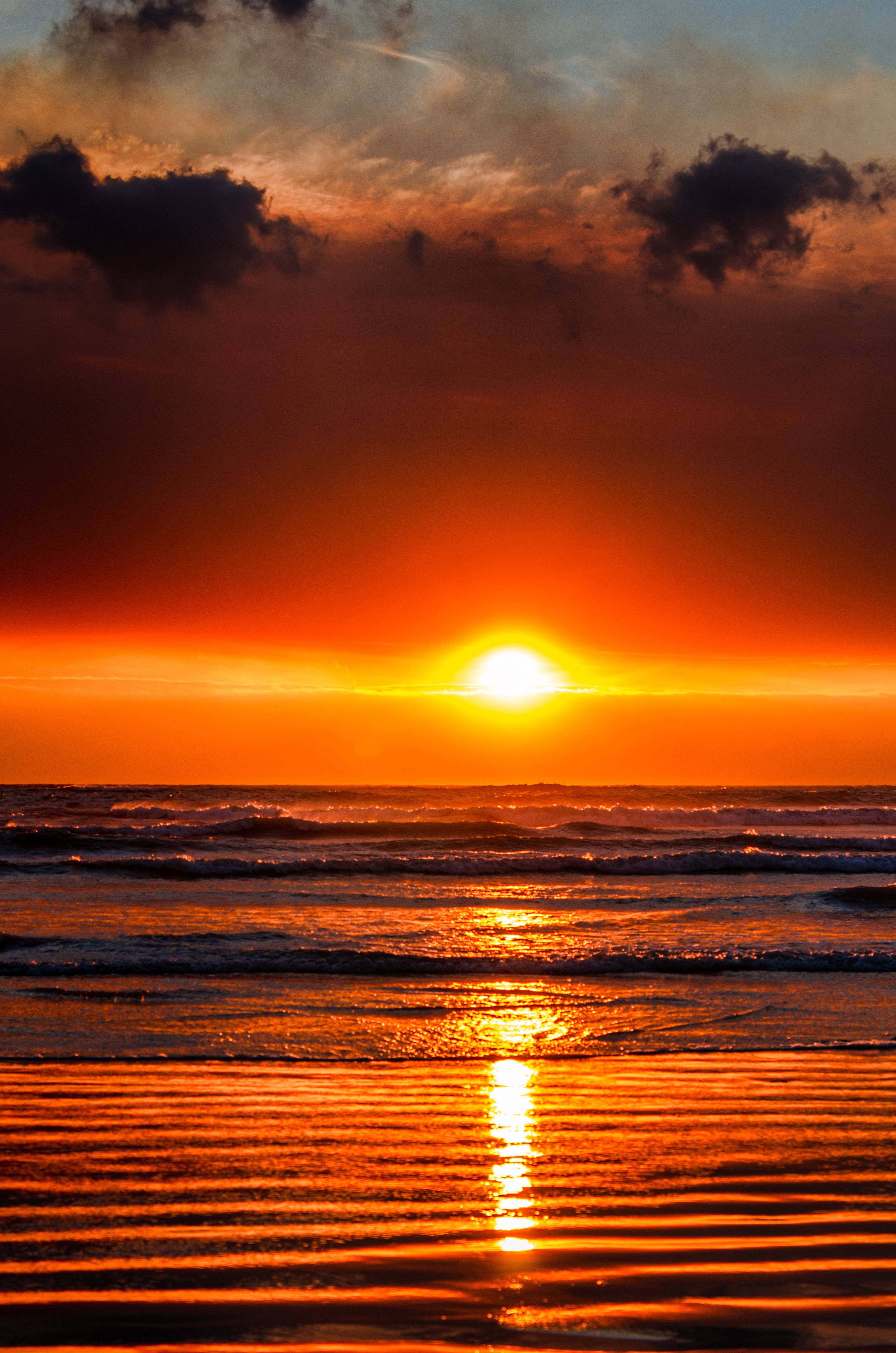 Wave 桌布 壁紙 — 熾熱的夕陽將海洋和濕沙染成鮮豔的橙色，海浪在戲劇性的雲層下翻滾。
