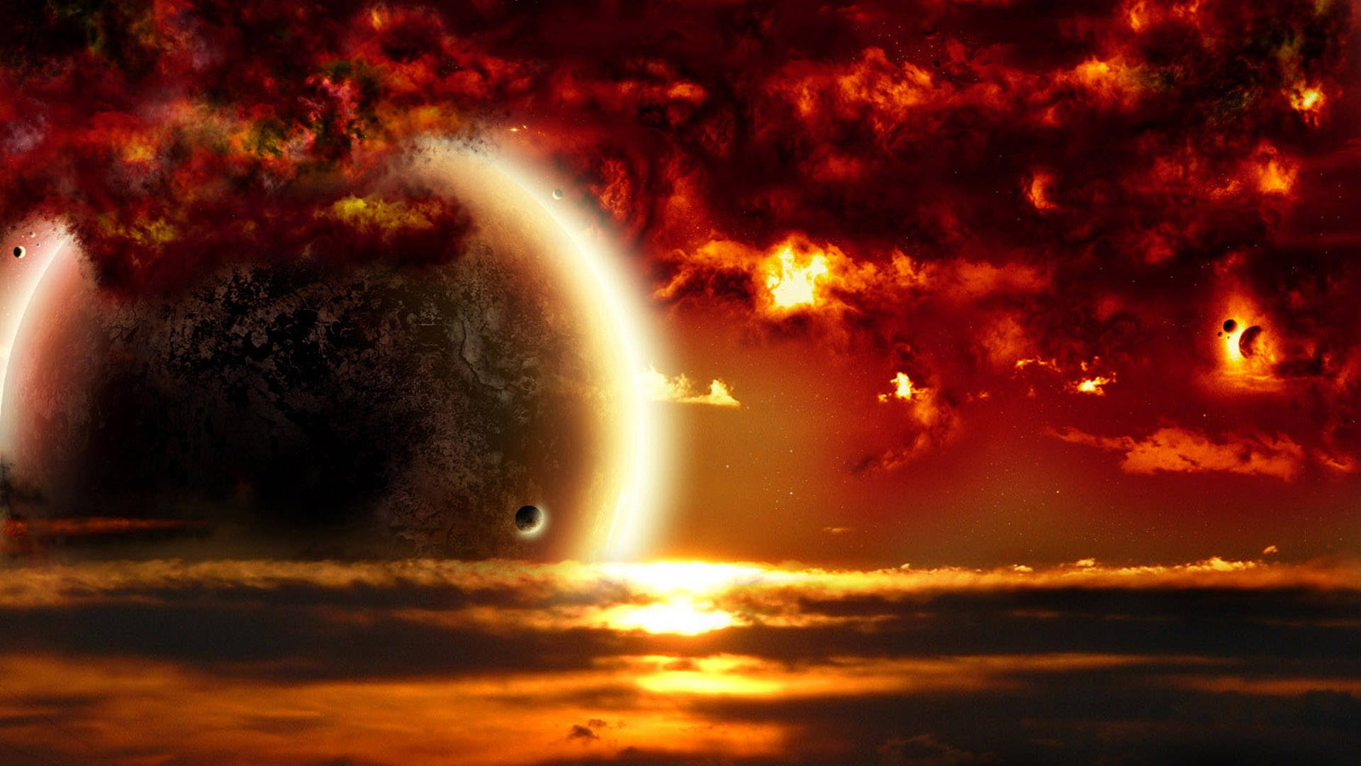 宇宙 桌布 壁紙 — 熾熱的外星日落，發光的雲層，以及一顆巨大的行星在動盪的天空中投下明亮的月牙陰影。