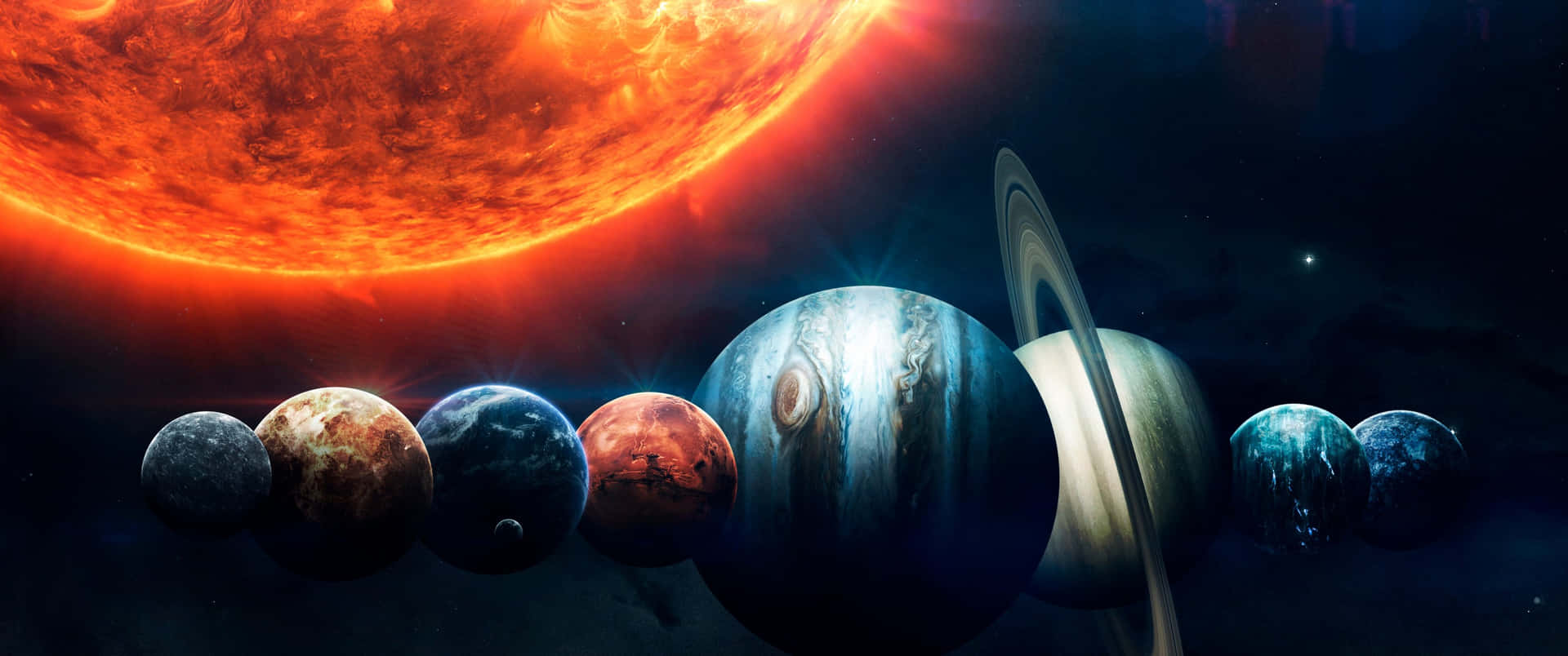 太陽系 桌布 壁紙 — 熾熱的太陽主宰天空，木星和土星等行星在深空中漂浮。
