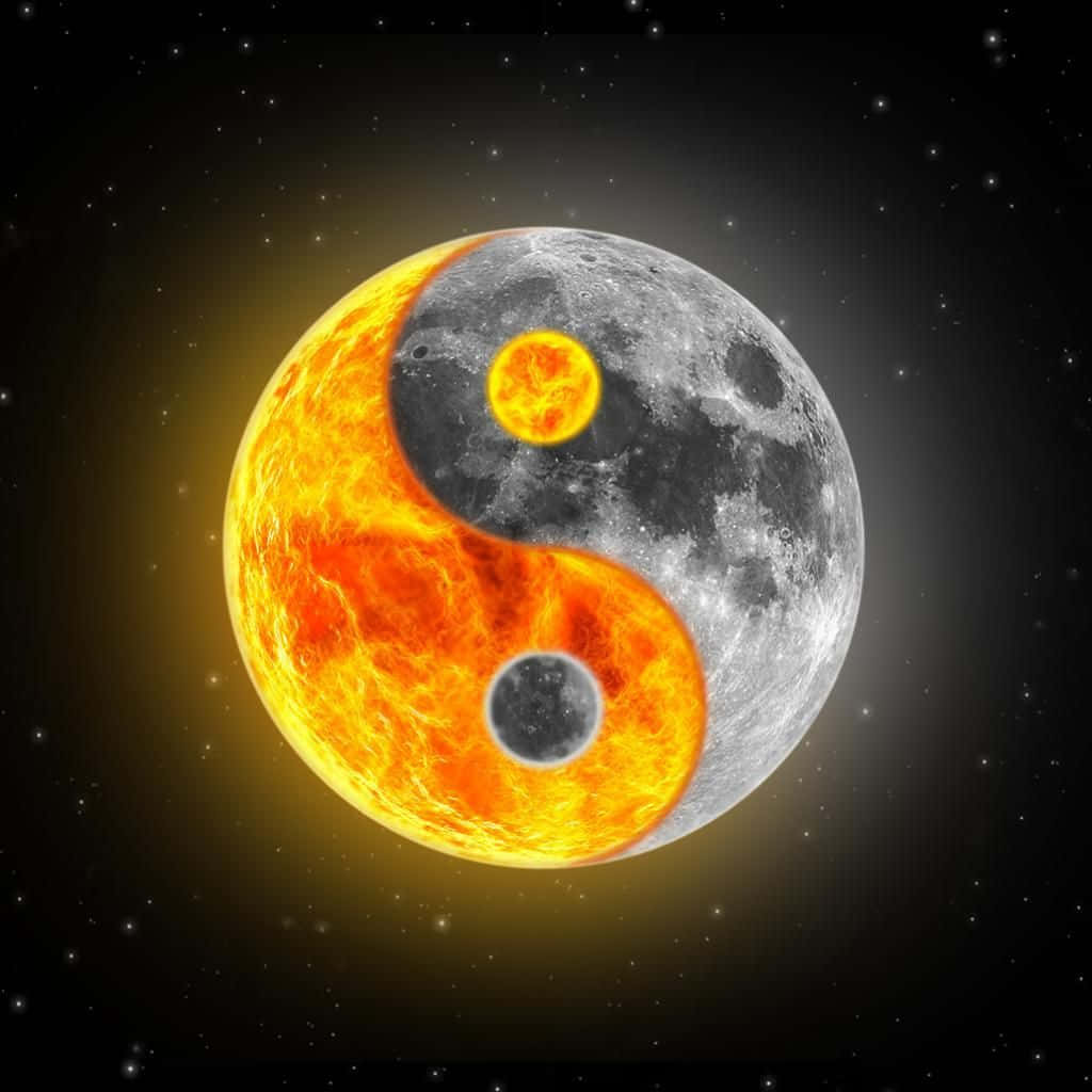 太陽與月亮 桌布 壁紙 — 熾熱的太陽和佈滿隕石坑的月亮在繁星點點的宇宙背景下形成一個發光的陰陽符號。