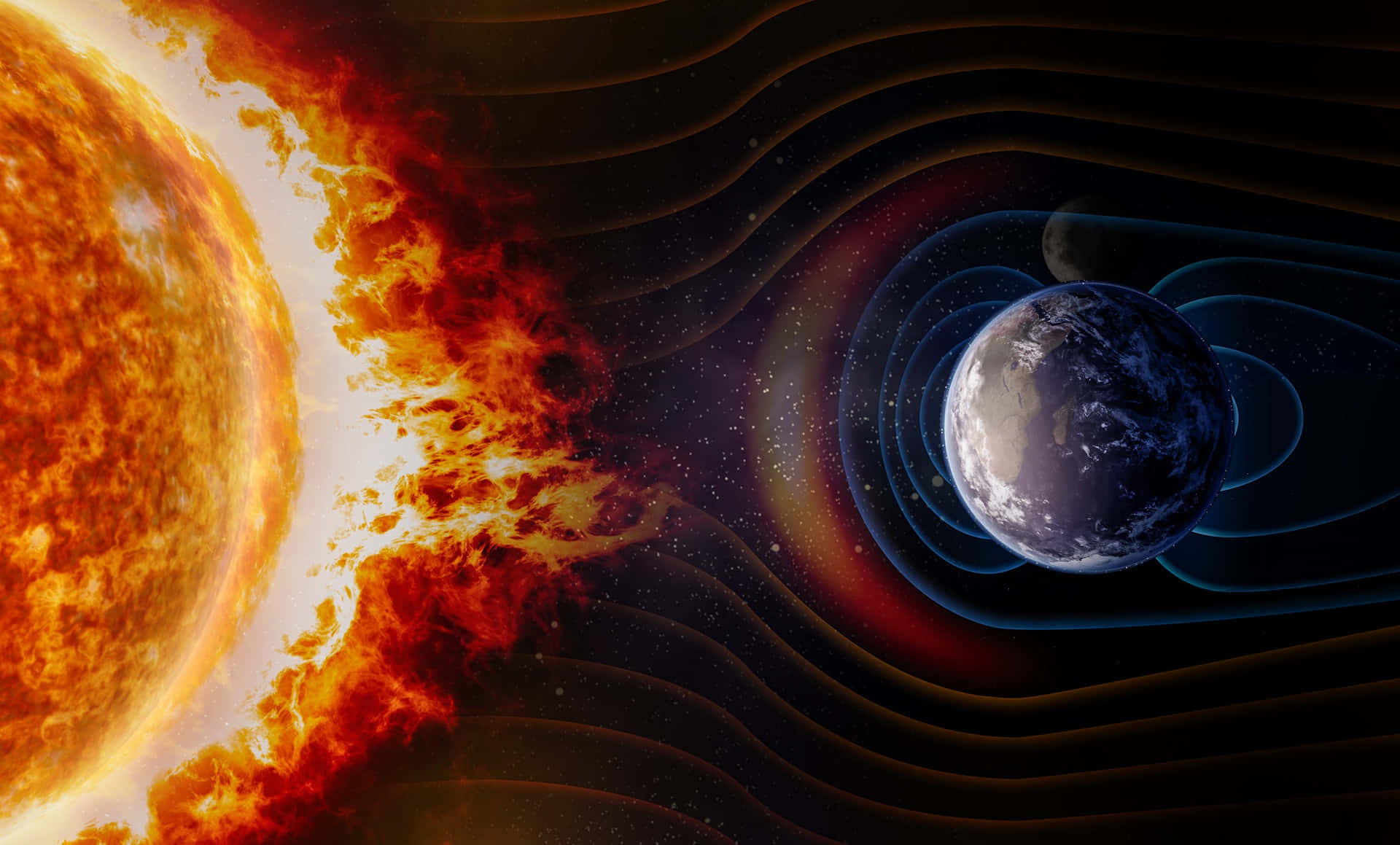 太陽 桌布 壁紙 — 熾熱的太陽耀斑從太陽爆發，向深空中地球的保護性磁場發送能量波。