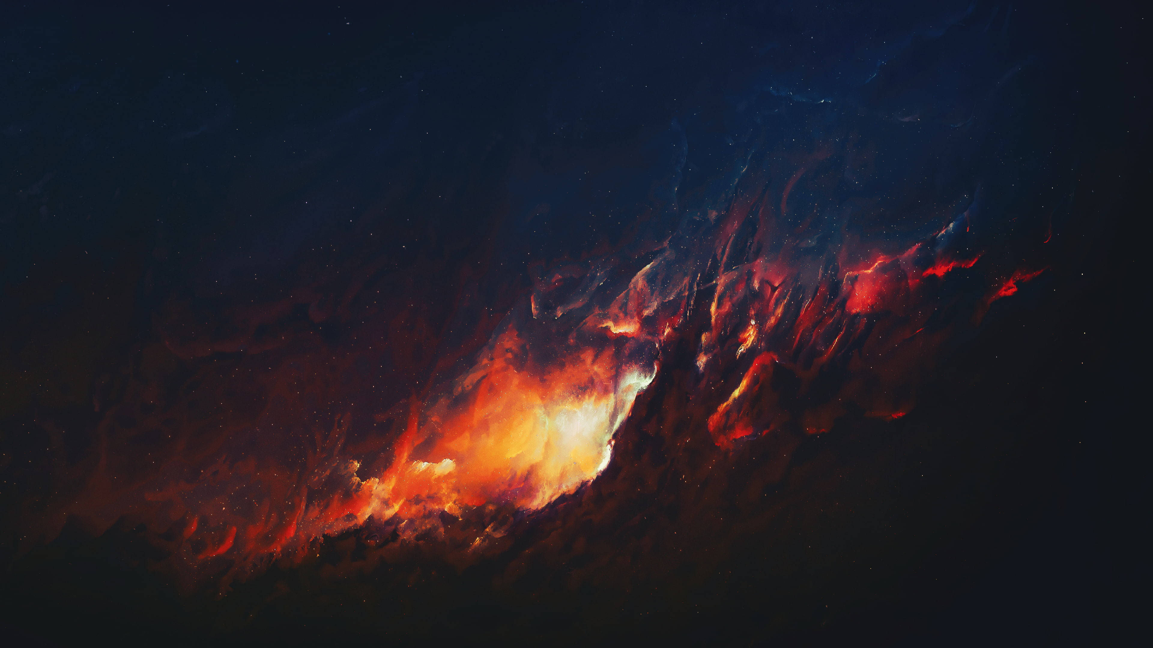 火焰動畫 桌布 壁紙 — 熾熱的宇宙星雲在深邃的星空夜空中散發出鮮豔的橙色和紅色色調。
