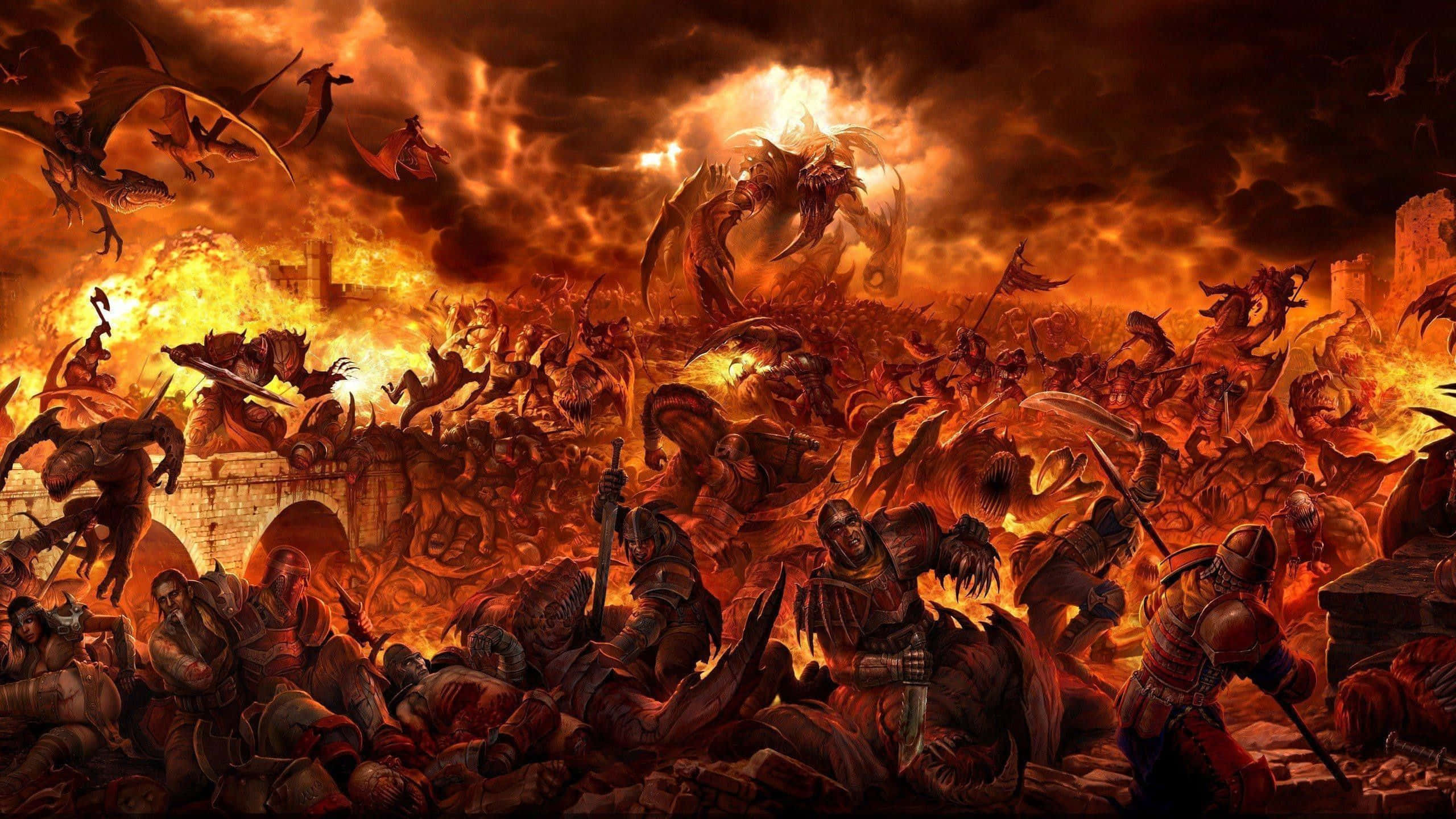 Hell 桌布 壁紙 — 熾熱的戰場爆發，身穿盔甲的戰士在熾熱的橙色天空下與兇猛的巨龍交戰。