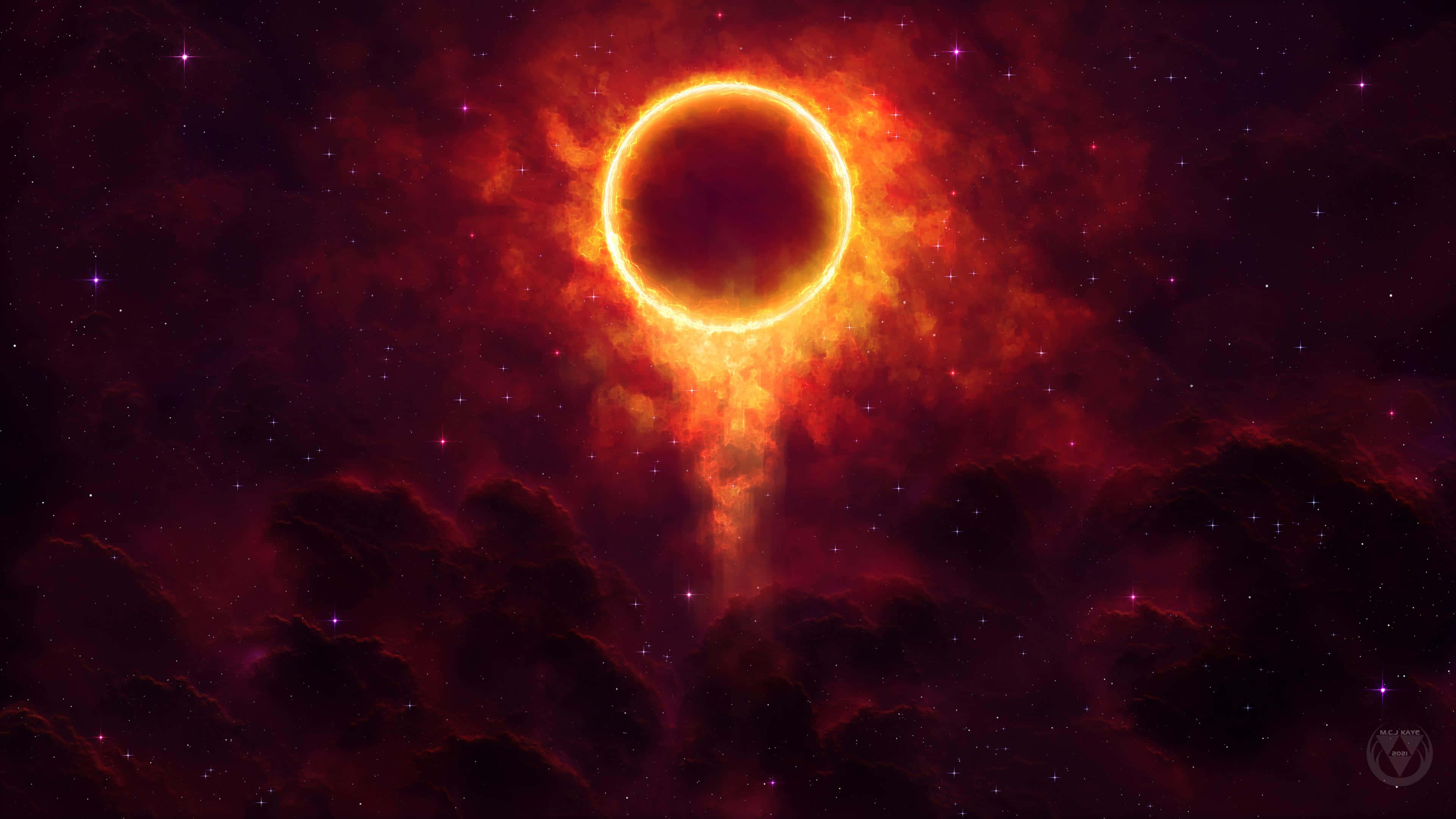 Cosmic 4K 桌布 壁紙 — 熾熱的日環食環繞著發光的日冕，背景是深紅和紫色雲霧點綴著星星的宇宙星雲。