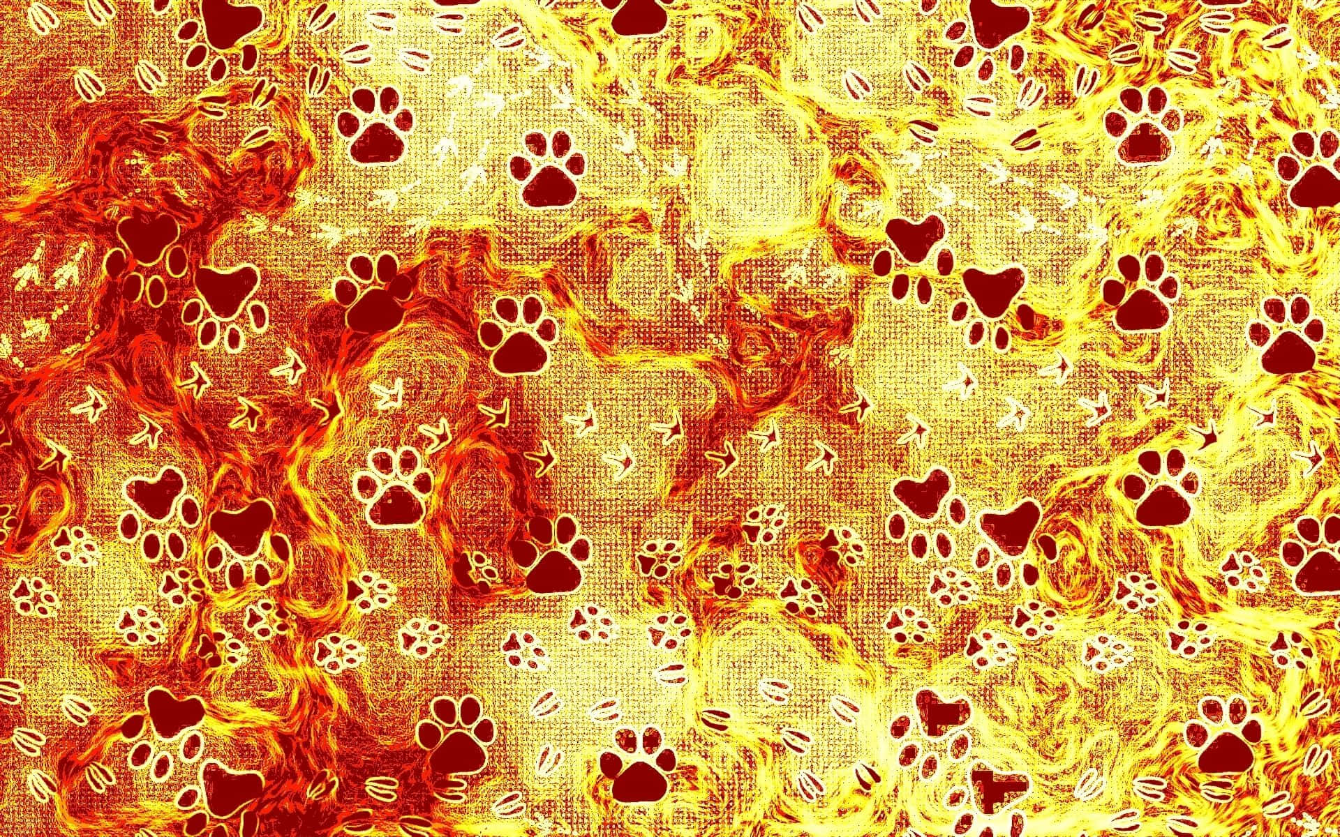 paws 桌布 壁紙 — 熾熱的橙色和黃色火焰在帶有紋理的背景上旋轉，背景上裝飾著重複的紅色爪印和白色心形。