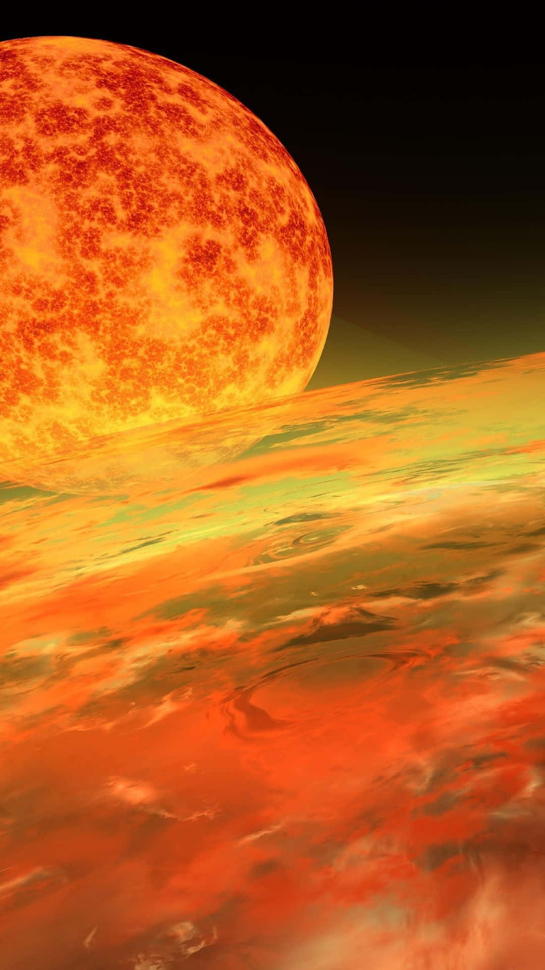 桌布 壁紙 — 熾熱的橙色太陽主宰著天空，下方是旋轉、熔融的橙色和綠色行星表面。