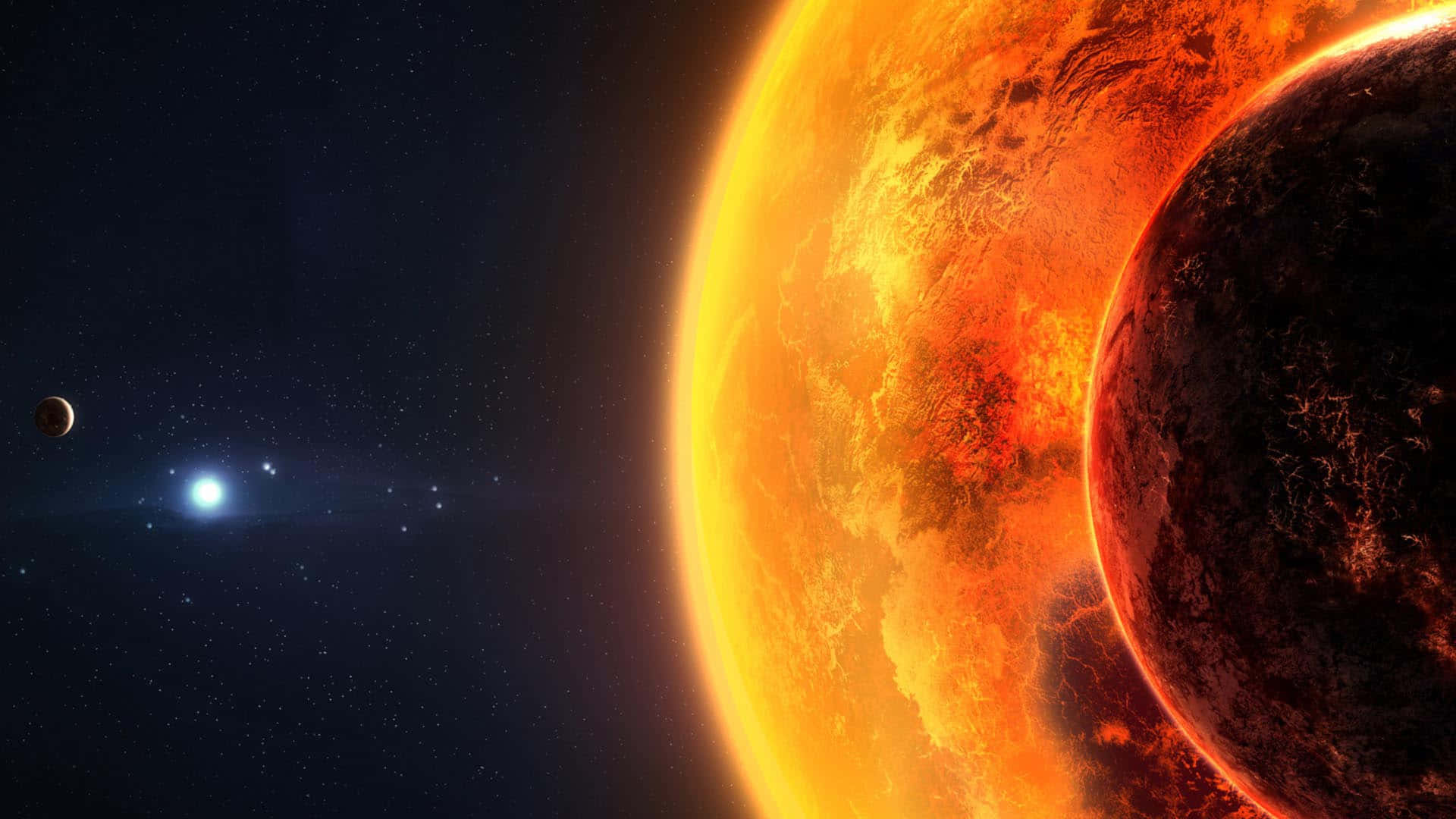 太陽與月亮 桌布 壁紙 — 熾熱的橙色太陽佔據了畫面，一顆黑暗行星在繁星點點的夜空背景下繞著其發光的表面運行。