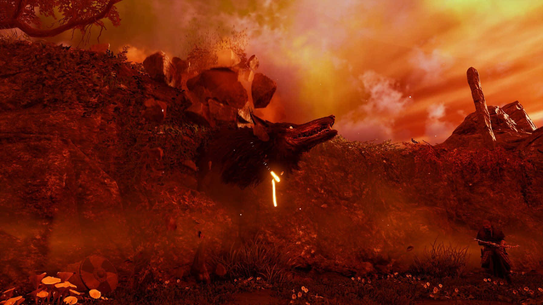 Mustafar 桌布 壁紙 — 熾熱的橙色日落照亮了崎嶇的景觀，其中有一隻像狼的生物和一個孤獨的戰士，場景迷霧繚繞，充滿戲劇性。