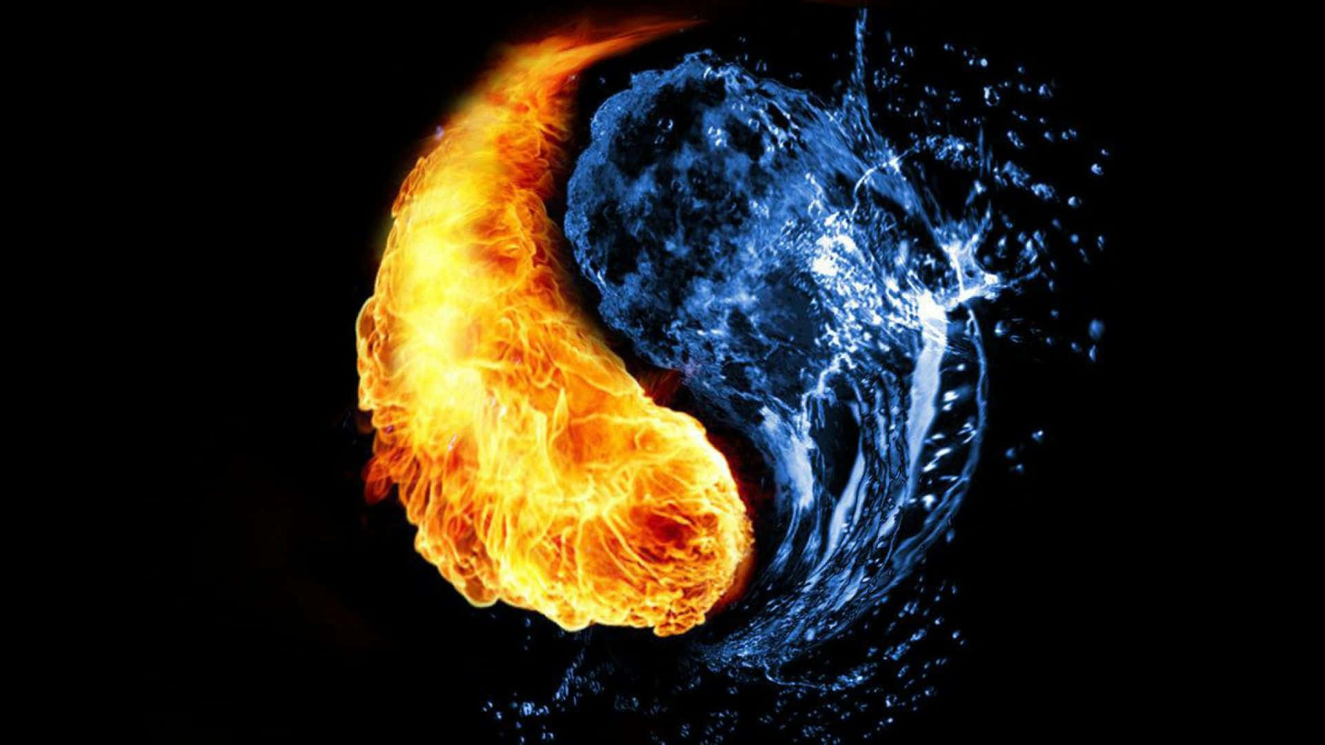 水 桌布 壁紙 — 熾熱的橙色火焰和冰冷的藍色水在黑色虛空中形成動態的陰陽符號。