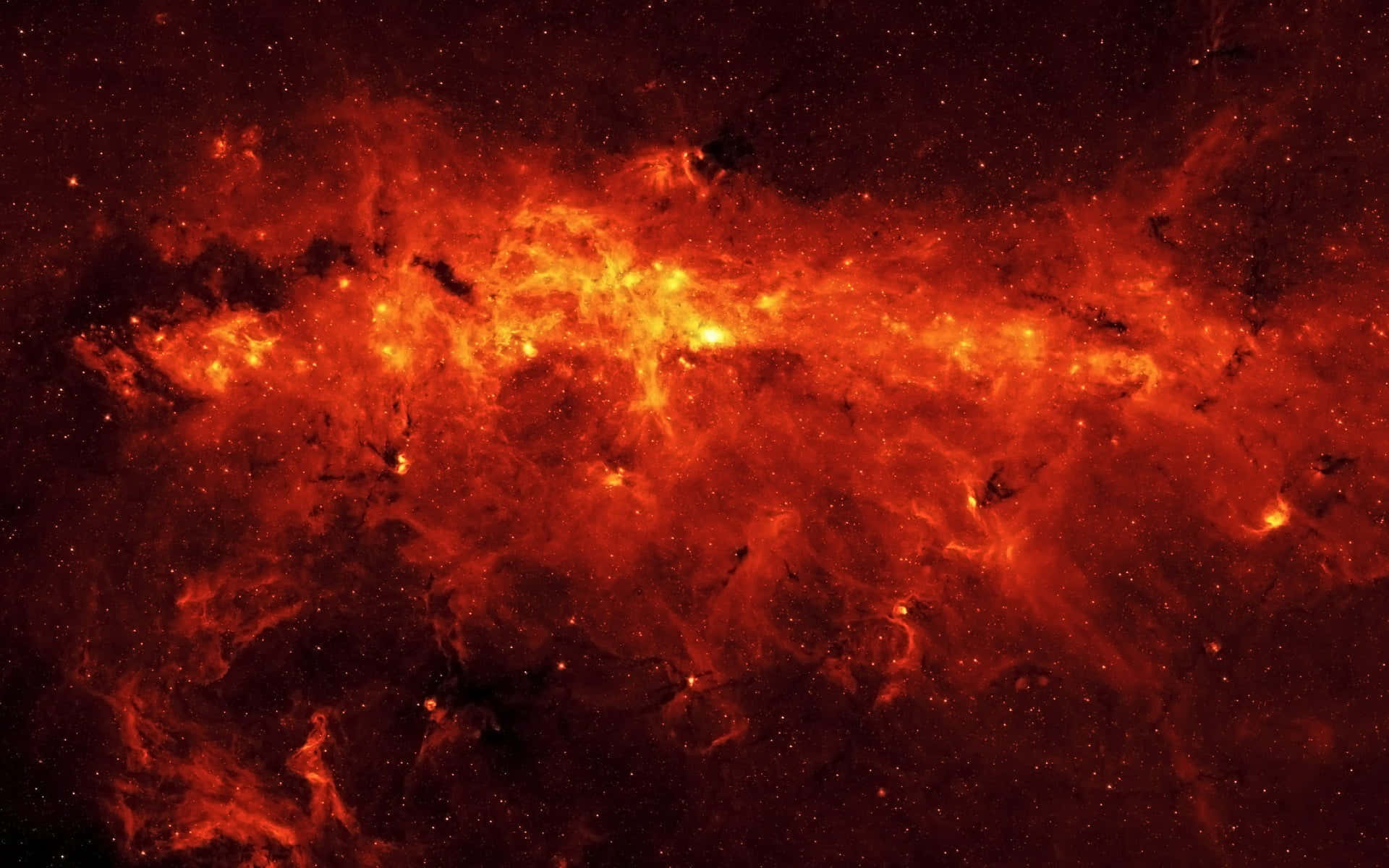 Red Space 桌布 壁紙 — 熾熱的紅橙色星雲在黑暗的星場中強烈發光，散佈著明亮的星星。