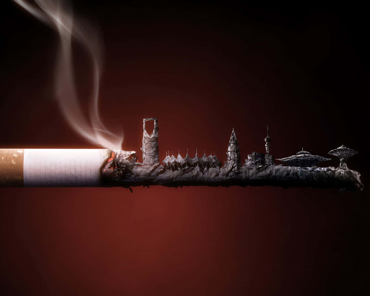 cigarettes 桌布 壁紙 — 燃燒中的香煙灰燼在深紅色背景上形成微型城市景觀，縷縷煙霧升起。