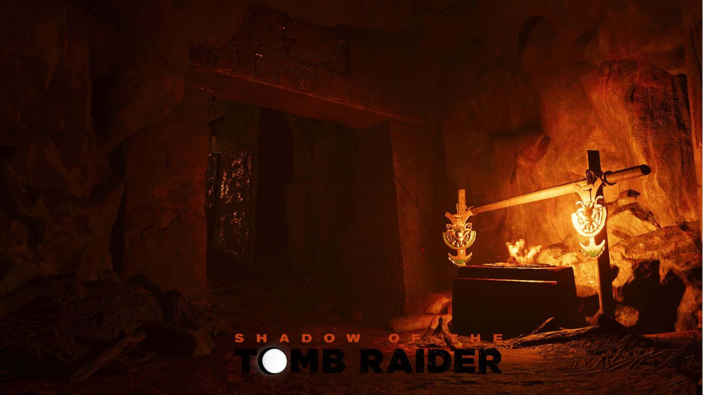 古墓奇兵：暗影 桌布 壁紙 — 燃燒的火把照亮了《Shadow of the Tomb Raider》黑暗洞穴中的古老石頭廢墟和儀式祭壇。