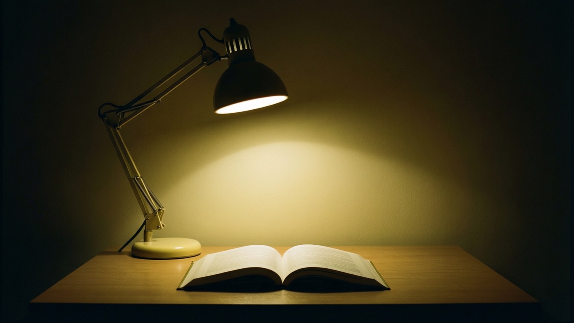 燈光下的書房 壁紙 — 一盞溫暖的檯燈在昏暗的房間裡，將金色的光芒投射在木桌上的一本打開的書上。
