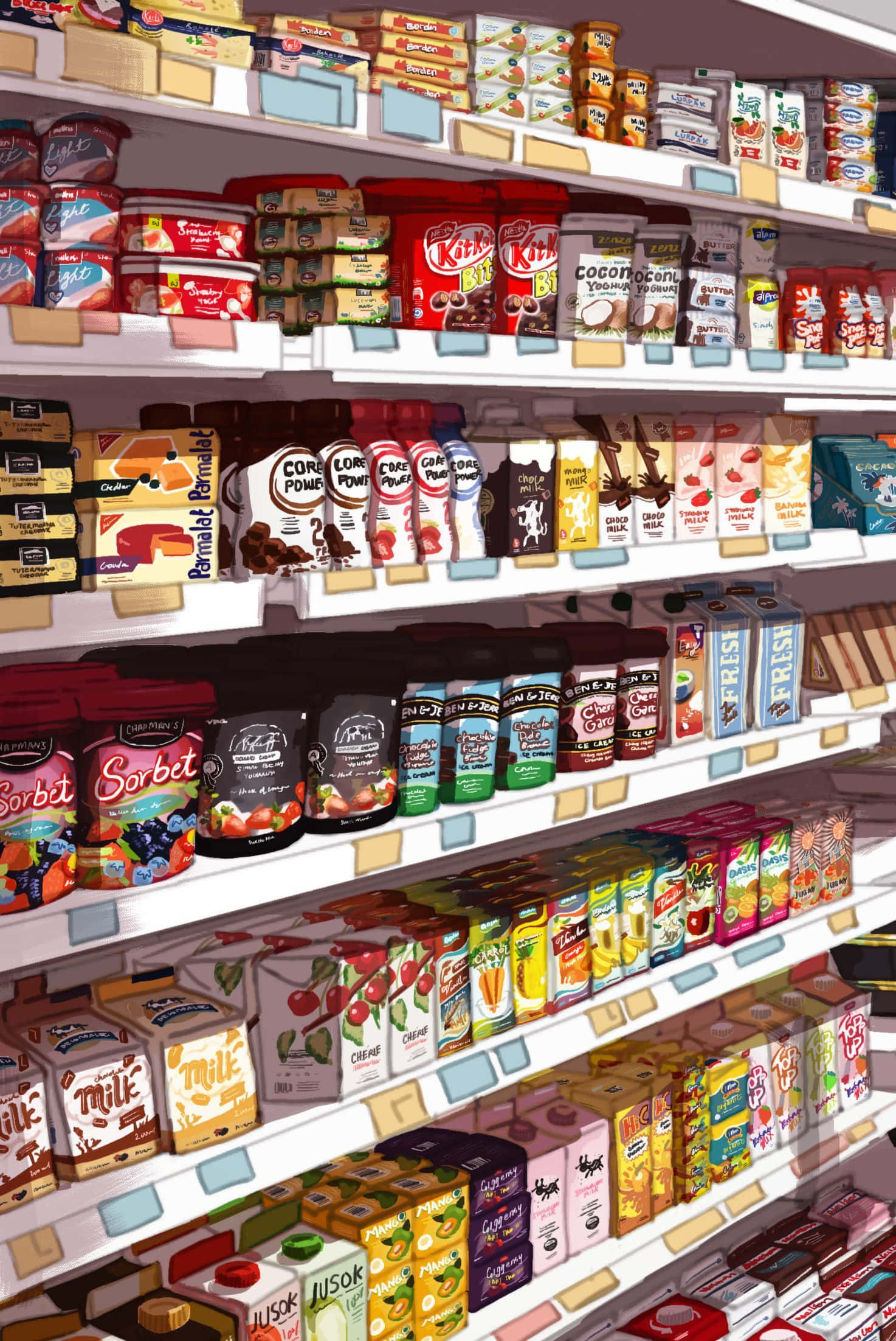 Grocery Store 桌布 壁紙 — 燈光明亮的雜貨店貨架，白色貨架上擺滿色彩繽紛的糖果零食和果汁盒。