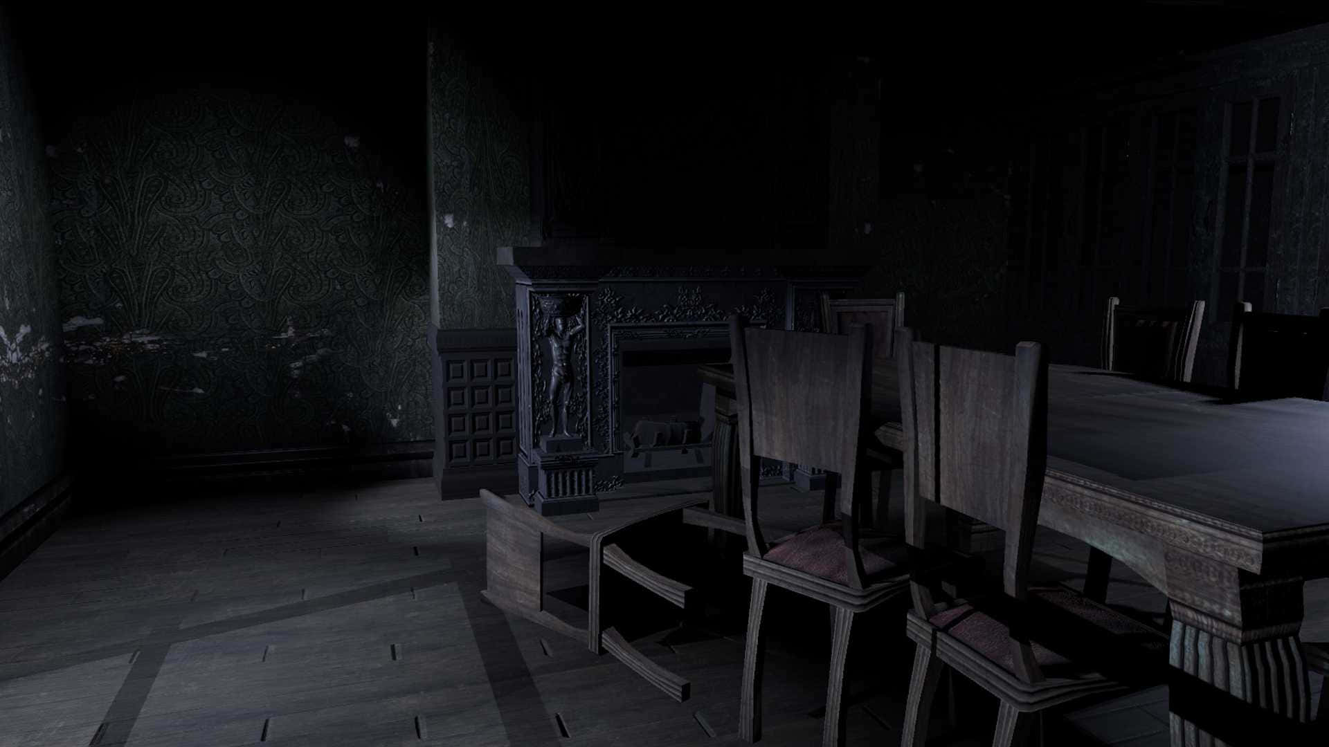 Witching Hour 桌布 壁紙 — 燈光昏暗、陰森的飯廳，有一張大木桌和椅子、一個黑暗的壁爐，以及在陰鬱燈光下的華麗壁紙。