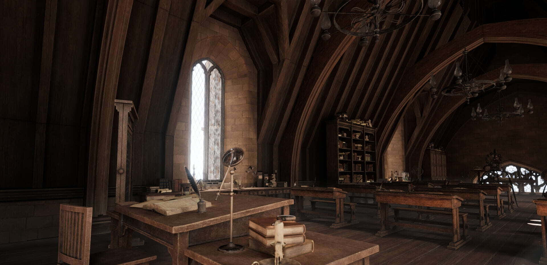 The Hogwarts Potions Class 桌布 壁紙 — 燈光昏暗的中世紀圖書館，木製書桌、書籍和拱形石窗投射出柔和光線。