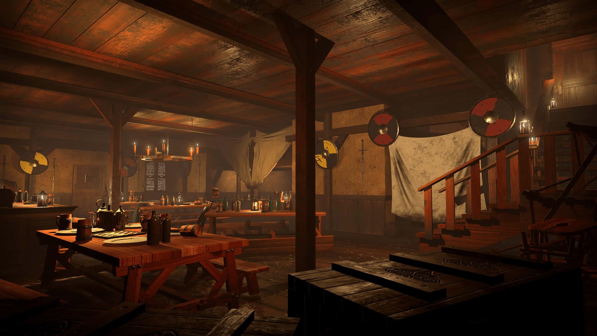 Tavern 桌布 壁紙 — 燈光昏暗的中世紀酒館，木樑、燭光與懸掛的盾牌營造出質樸而富有氛圍的室內環境。