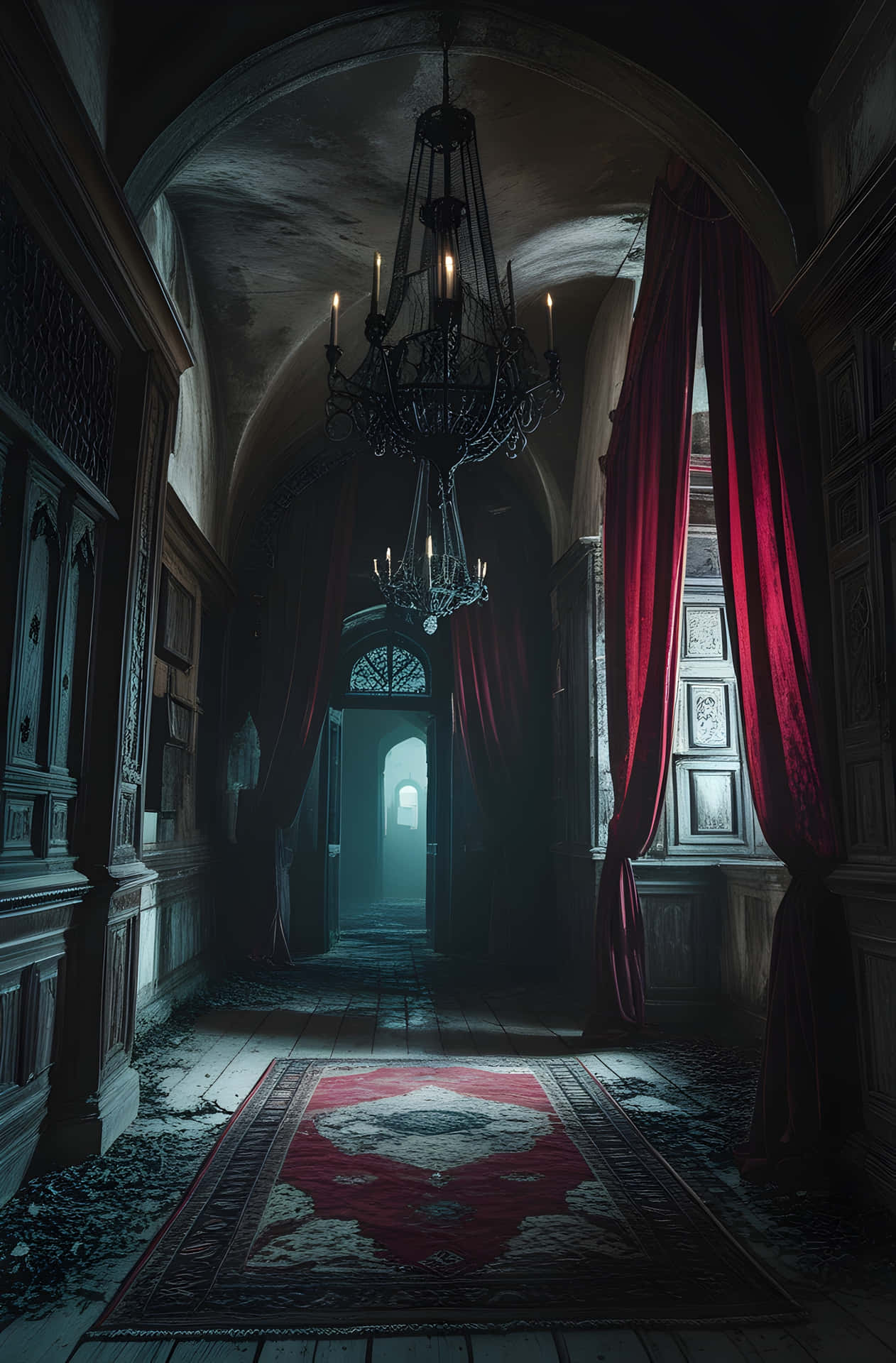 Haunted Manor Corridor 壁紙 — 燈光昏暗的哥德式走廊，有華麗的木牆、紅色天鵝絨窗簾和吊燈，在圖案地毯上投射出詭異的光芒。