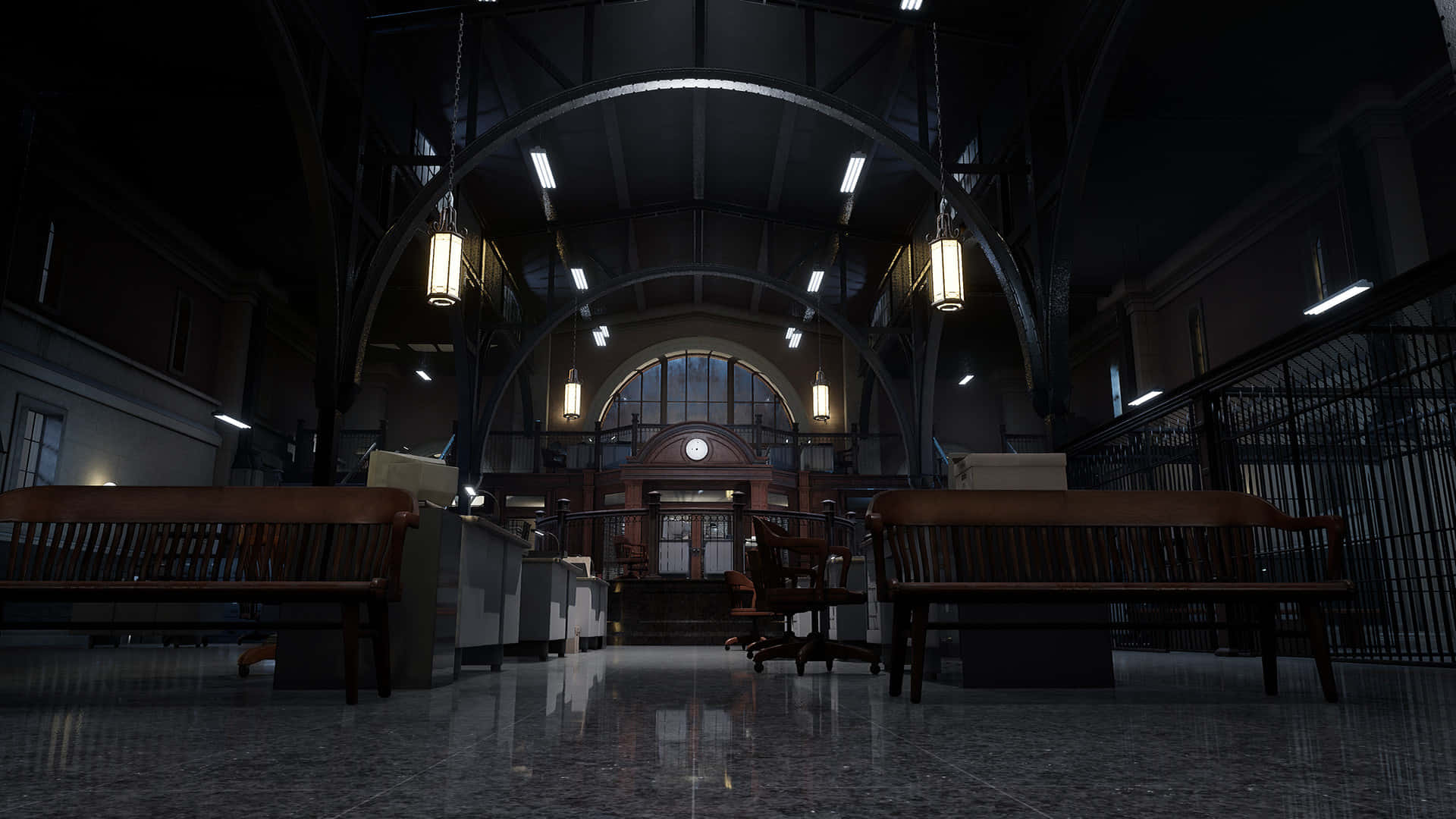 Gotham City Police Department 桌布 壁紙 — 燈光昏暗的復古火車站，拱形天花板、吊燈和木製長椅映照在拋光地板上。