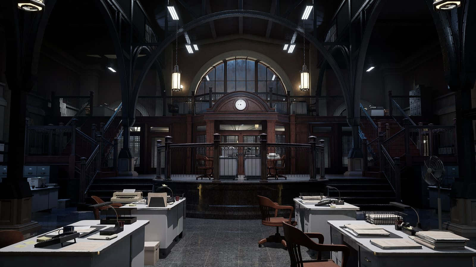 Gotham City Police Department 桌布 壁紙 — 燈光昏暗的復古火車站控制室，配有木製辦公桌、椅子及拱形窗戶，投射出柔和光線。