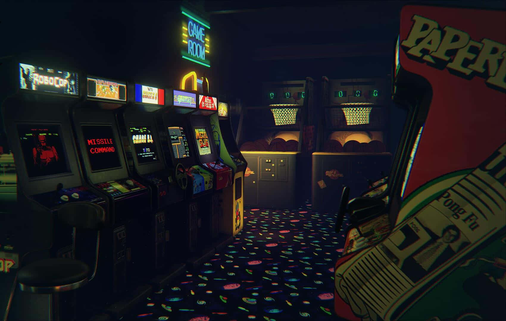 arcade 桌布 壁紙 — 燈光昏暗的復古街機遊戲室，霓虹燈招牌和色彩繽紛的遊戲機在圖案地毯上投射出倒影。