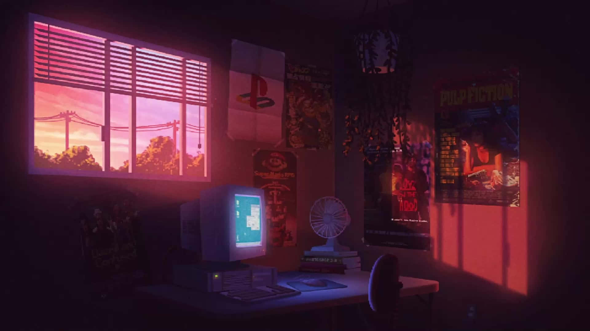 Aesthetic Room 桌布 壁紙 — 燈光昏暗的復古遊戲室，溫暖的粉紅色夕陽光線穿過百葉窗，在海報和舊電腦上投下長長的影子。