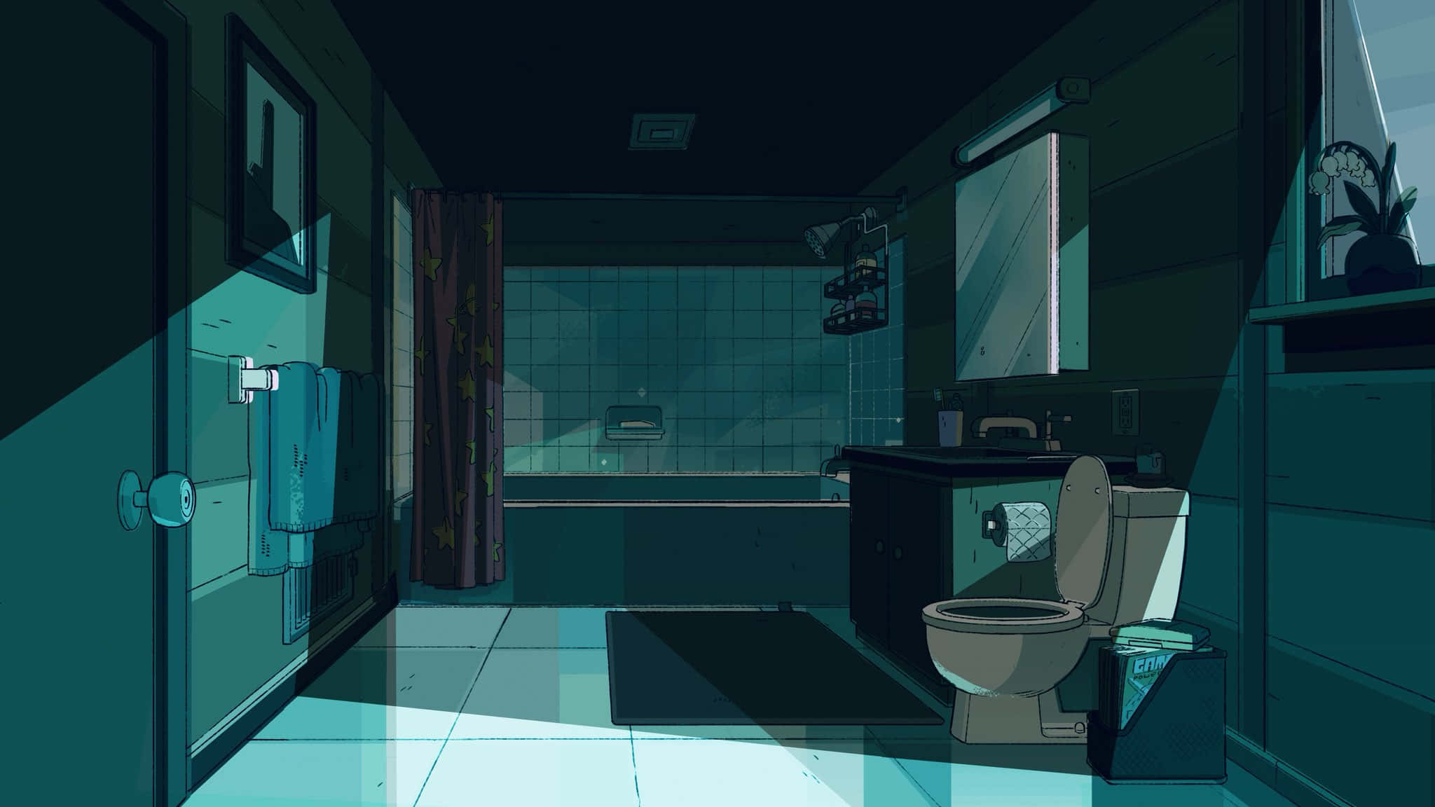 Bathroom Decor 桌布 壁紙 — 燈光昏暗的浴室，採用青綠色和黑色調，設有馬桶、洗手台、浴缸和浴簾，營造出氛圍感。