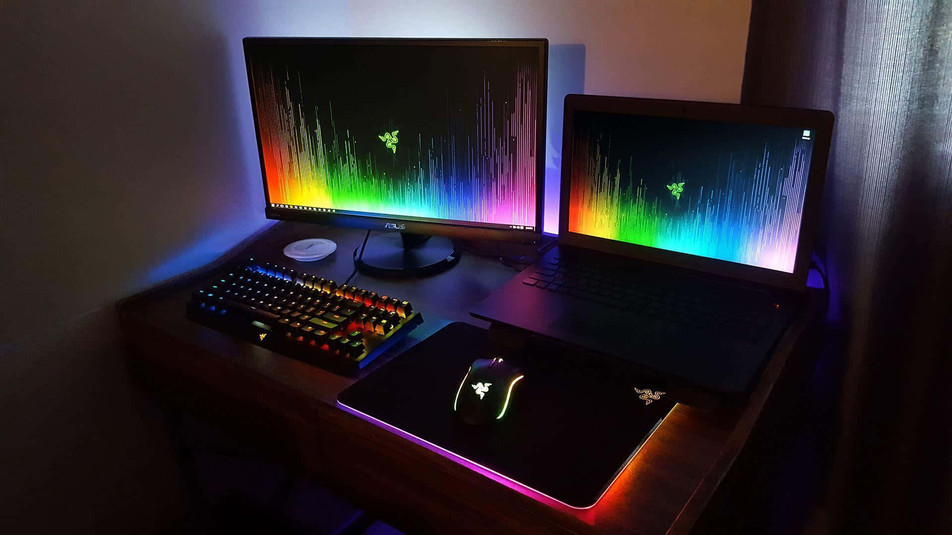 Gaming Setup 桌布 壁紙 — 燈光昏暗的遊戲設置，兩個發光的Razer螢幕和週邊設備在木桌上投射出鮮豔的彩虹光。