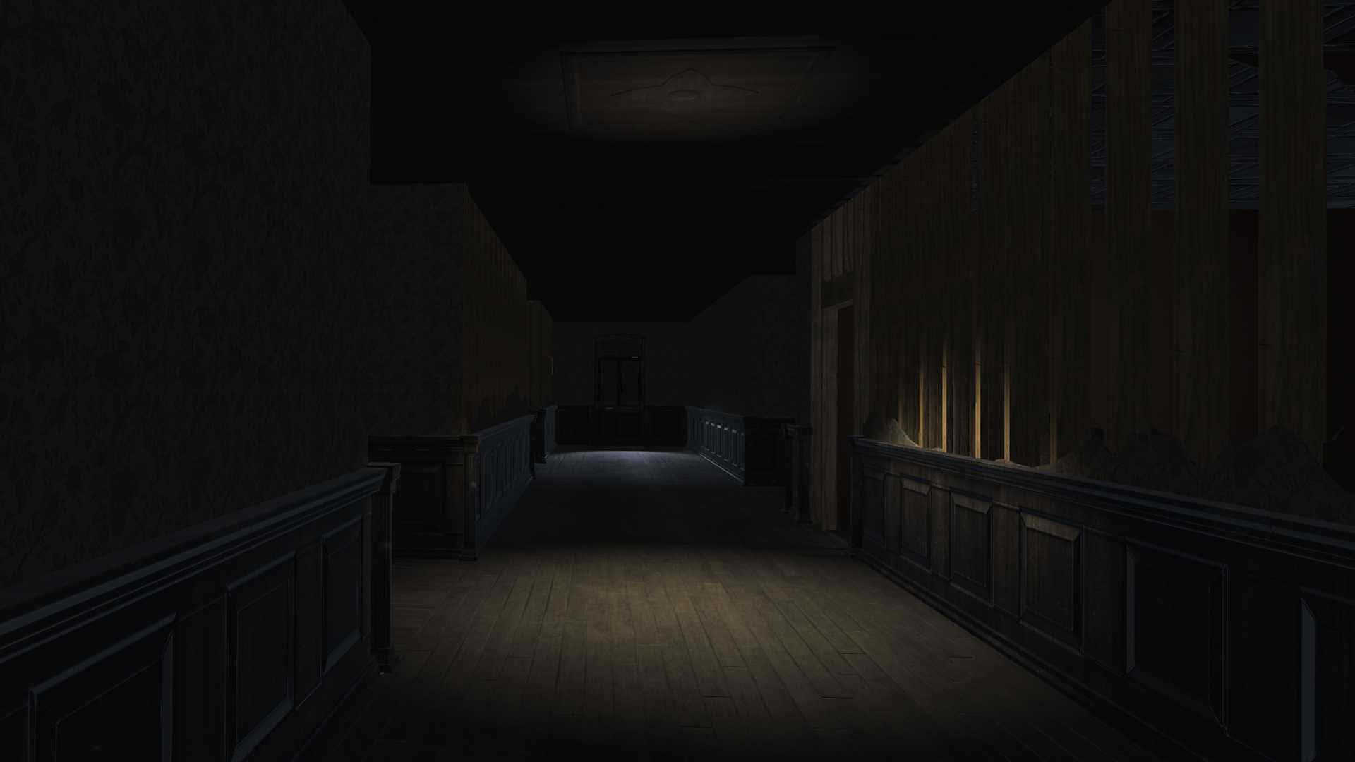 Witching Hour 桌布 壁紙 — 燈光昏暗的鬼魅走廊，木地板和木牆板，由遠處單一光源照亮，投下長長的陰影。