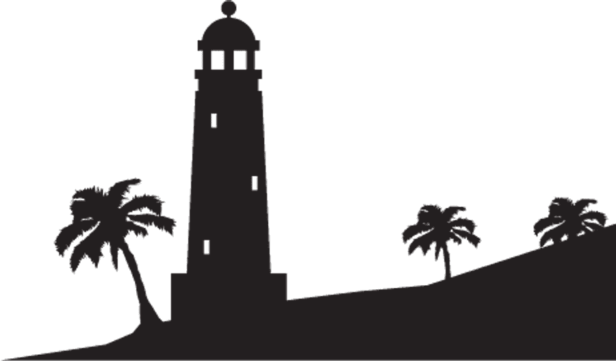 Lighthouse 桌布 壁紙 — 燈塔和棕櫚樹的剪影在黑暗的山坡上，映襯著柔和的青綠色天空。