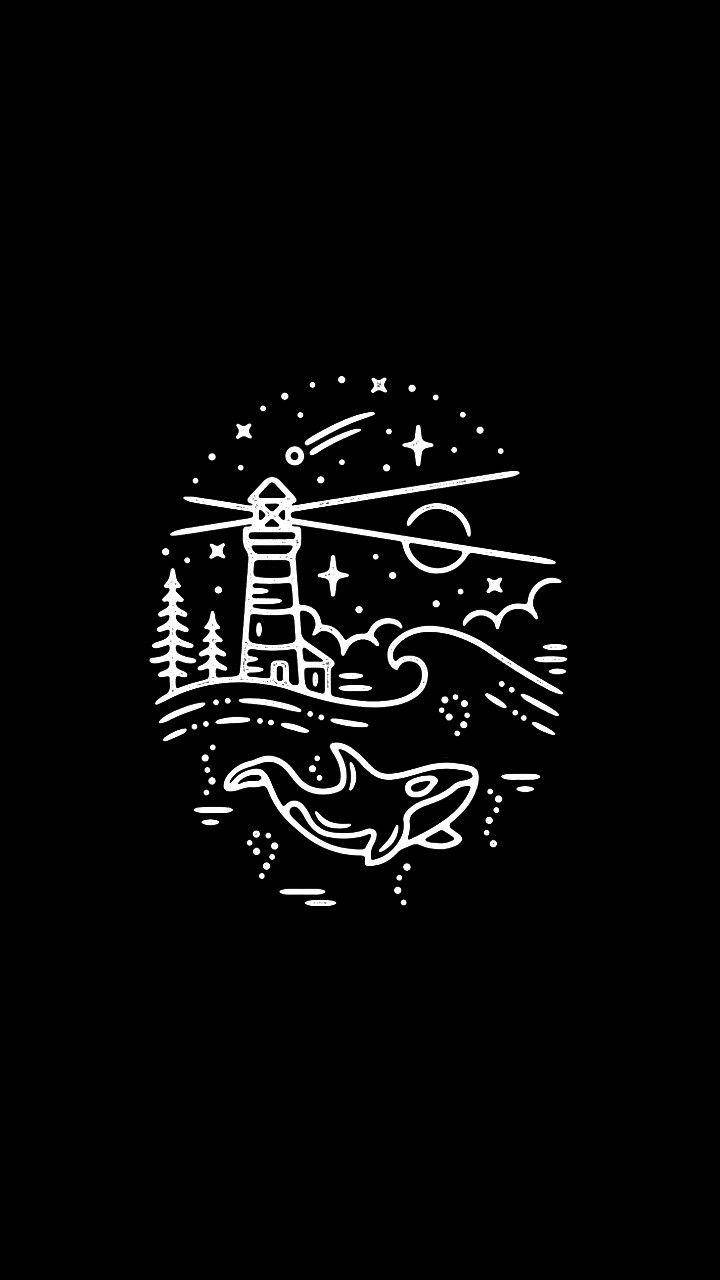 Aesthetic Black And White 桌布 壁紙 — 燈塔和鯨魚的極簡白色線條畫，黑色背景上有星星和波浪。